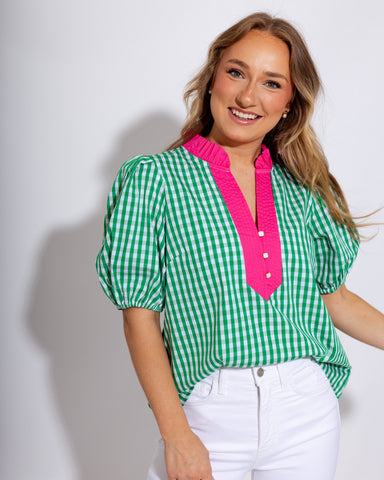 Green gingham puff sleeve top with lime contrast trim and ruffled stand collar V-neck, boutique women's blouse at Gaudie & Co
