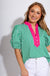 Green gingham puff sleeve top with lime contrast trim and ruffled stand collar V-neck, boutique women's blouse at Gaudie & Co
