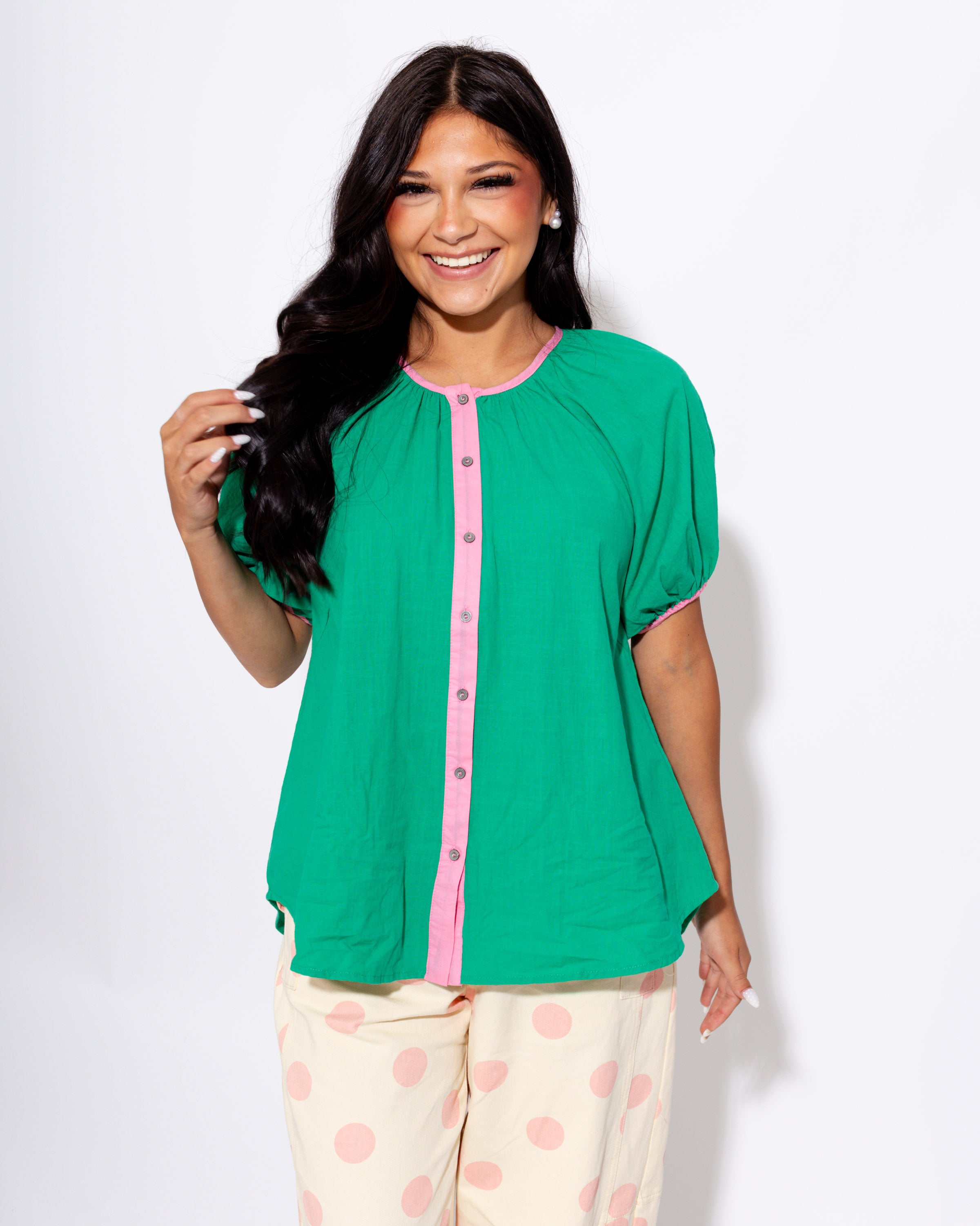 Contrast Trim Puff Sleeve Top