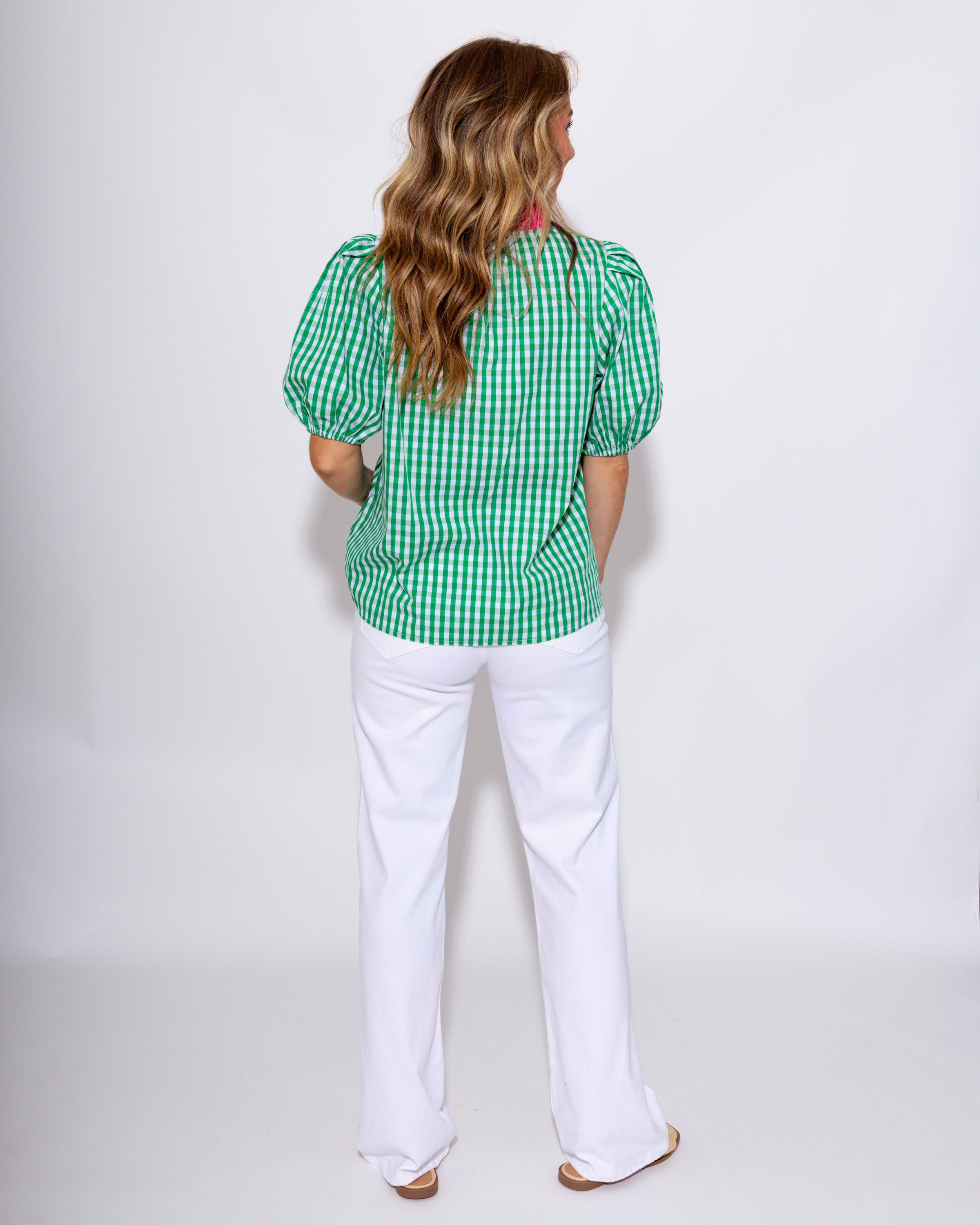Gingham Puff Sleeve Contrast Top in Green