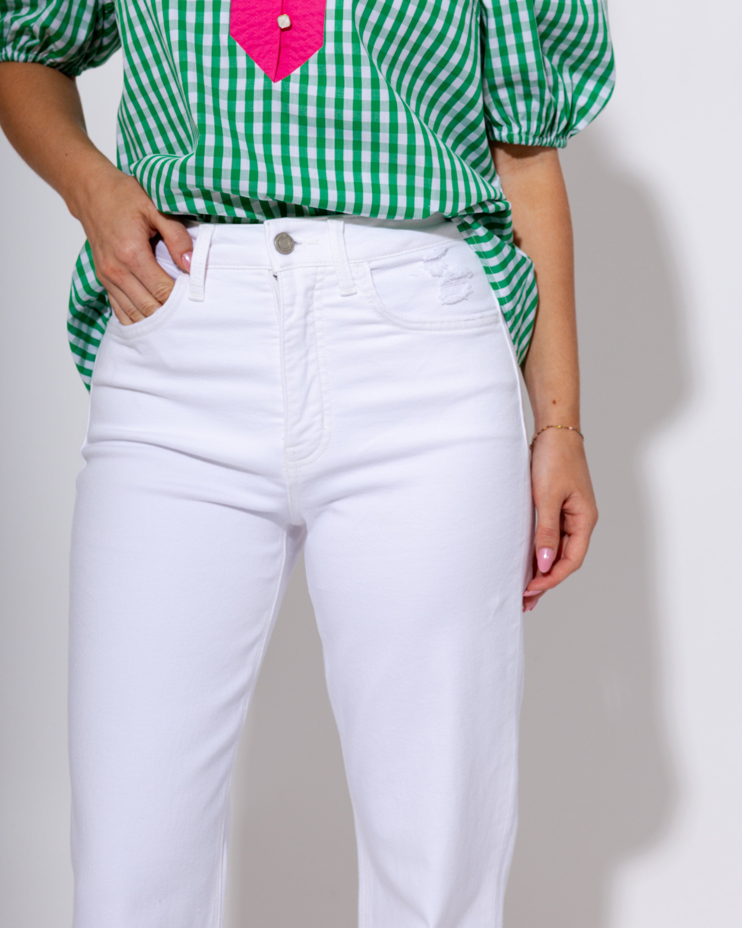 Vervet 90s vintage super high rise flare jeans with tummy control and distressed detailing in optic white, boutique denim at Gaudie & Co
