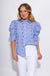 Blue striped puff sleeve button-up blouse with star embroidery and ruffle cuffs, women's boutique top at Gaudie & Co