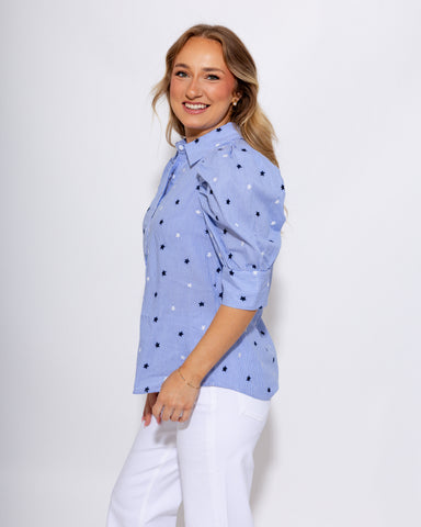 Blue striped puff sleeve button-up blouse with star embroidery and ruffle cuffs, women's boutique top at Gaudie & Co