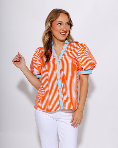 Orange contrast trim striped puff sleeve button-front V-neck top, 100% cotton women's boutique blouse at Gaudie & Co
