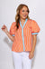 Orange contrast trim striped puff sleeve button-front V-neck top, 100% cotton women's boutique blouse at Gaudie & Co
