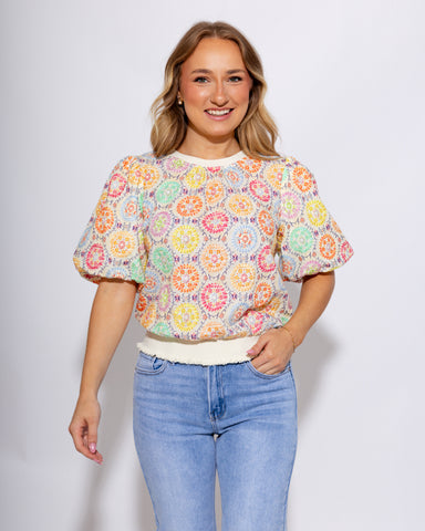 Medallion floral embroidered bubble sleeve top with contrast ribbed hem, women's boutique top at Gaudie & Co