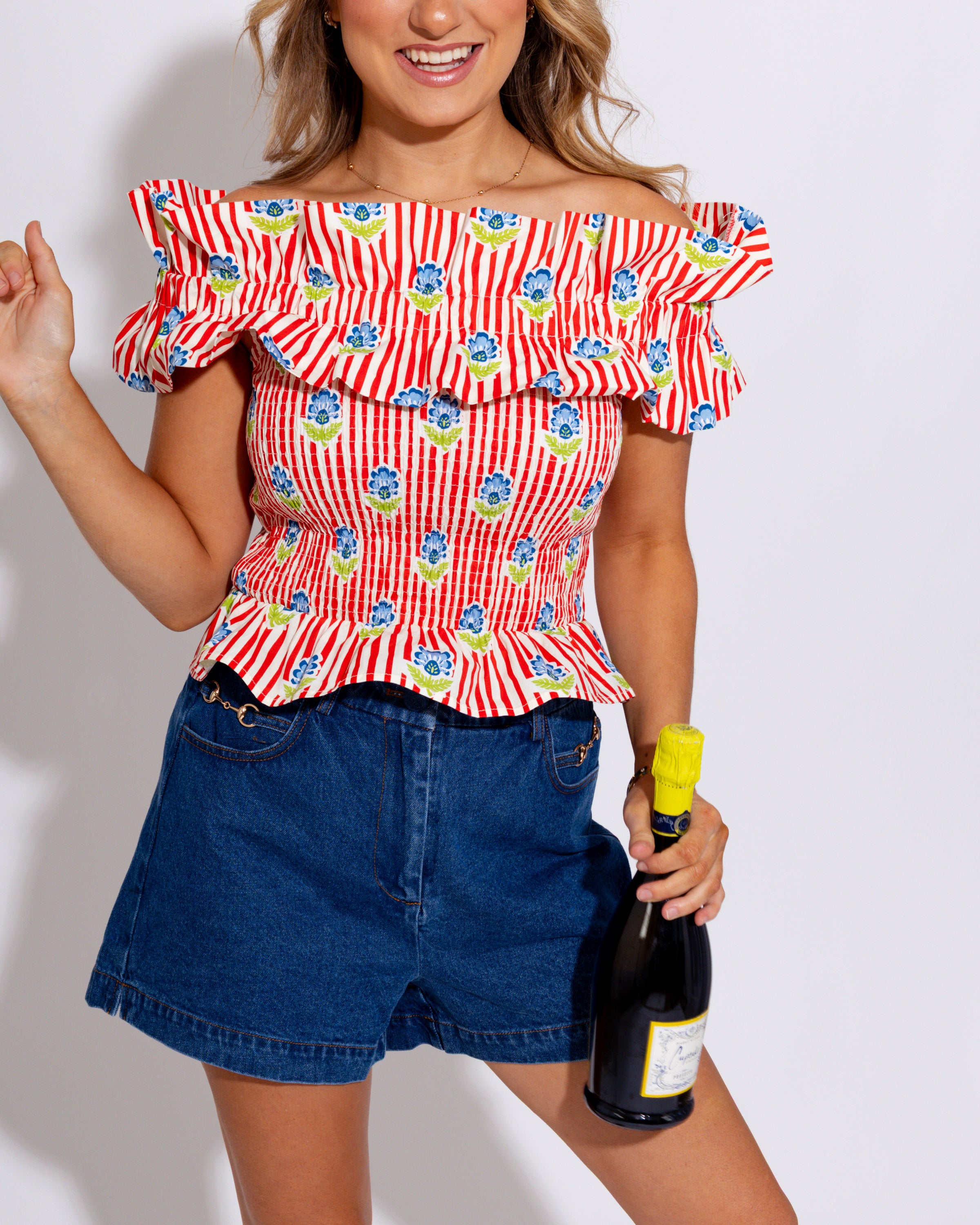 Floral Stripe Smocked Off Shoulder Top