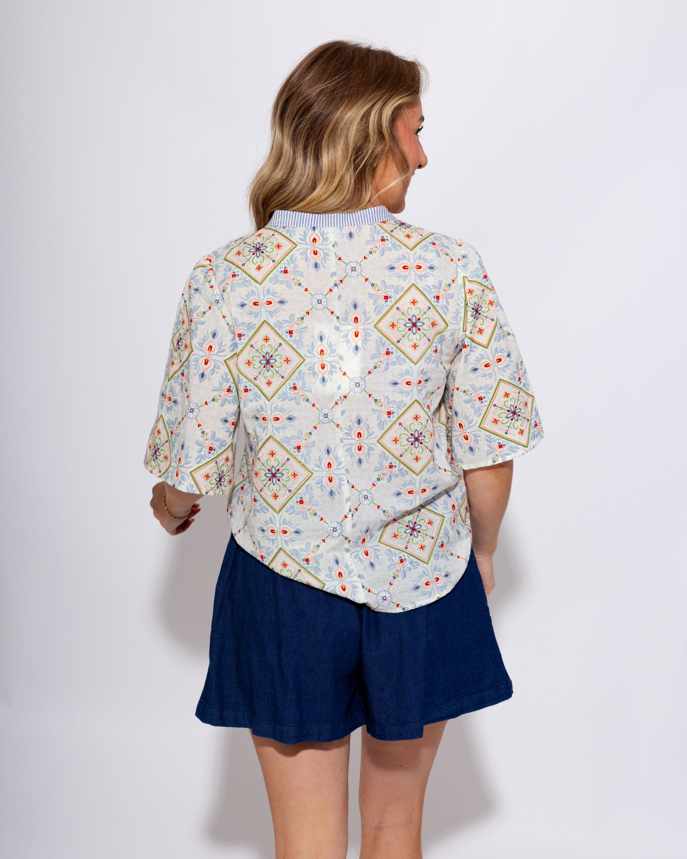 Stripe Contrast Embroidered Floral Top