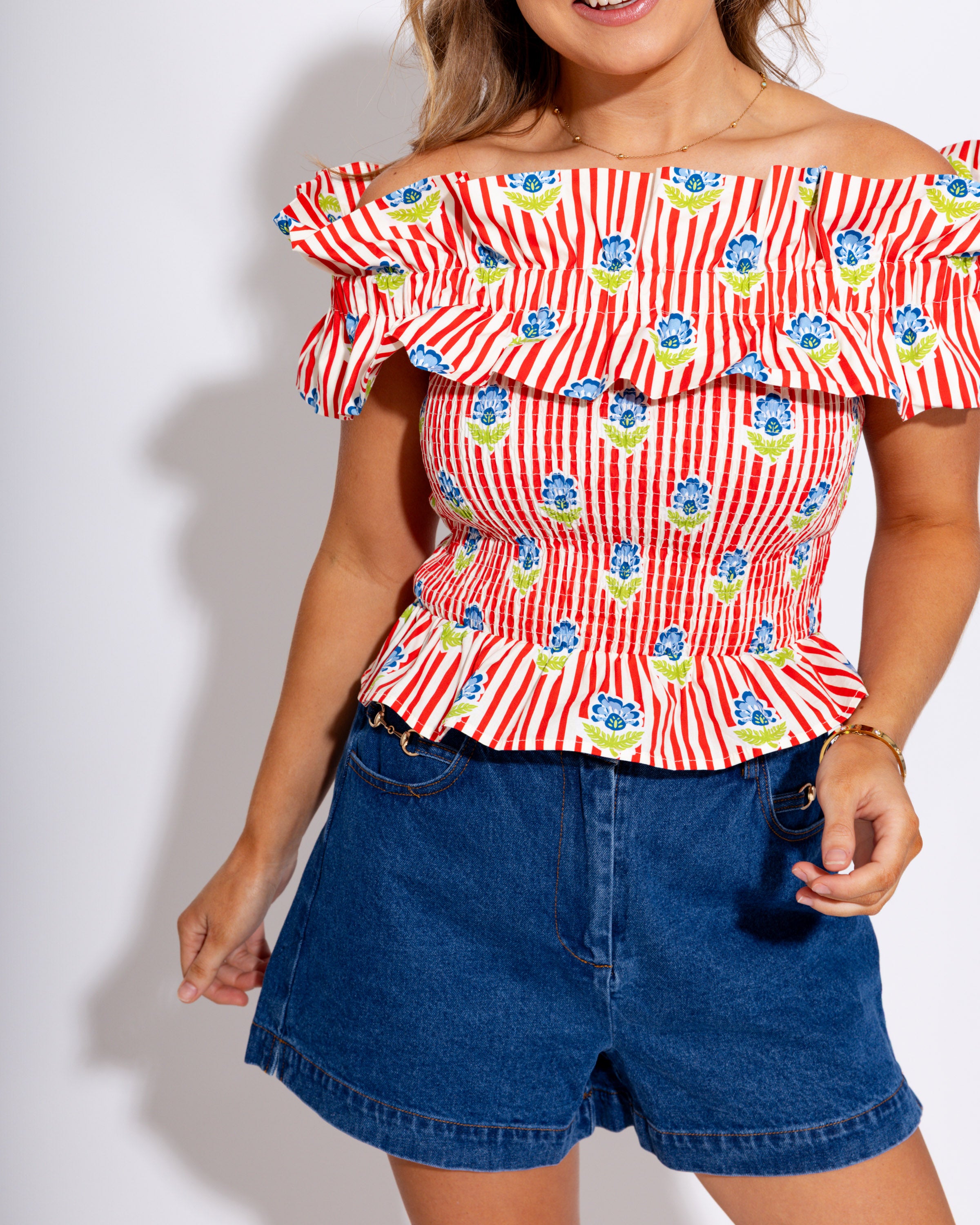 Floral Stripe Smocked Off Shoulder Top