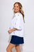 White puff sleeve top with blue and red sailboat embroidery, coastal nautical women's blouse at Gaudie & Co