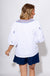 White puff sleeve top with blue and red sailboat embroidery, coastal nautical women's blouse at Gaudie & Co