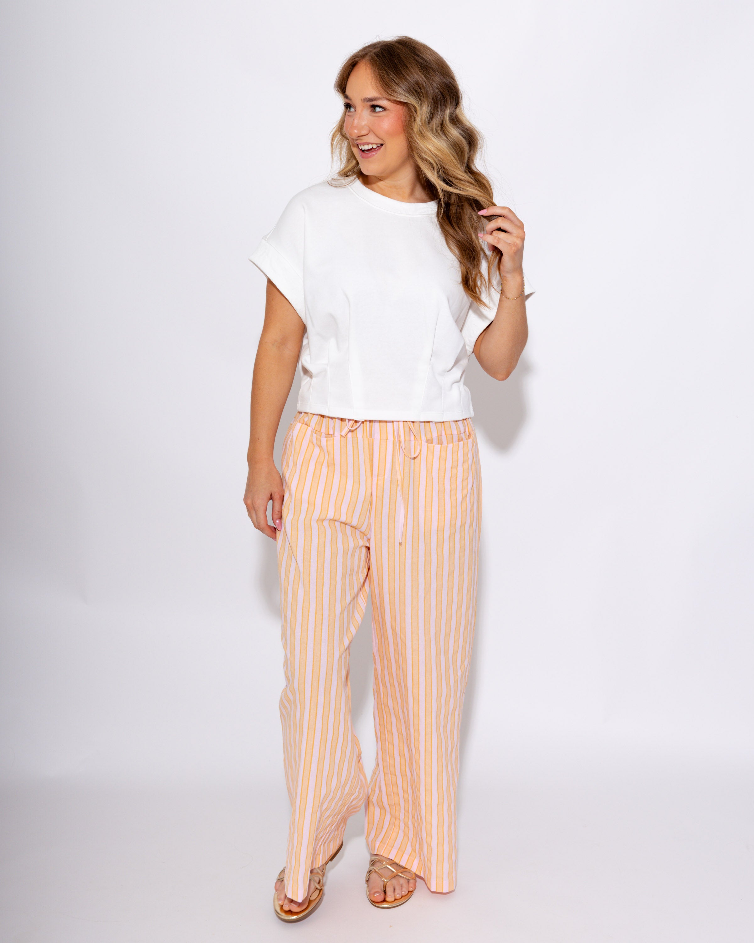 Peach Stripe Linen Drawstring Wide Leg Pants - GEEGEE - Gaudie & Co. Texas Boutique