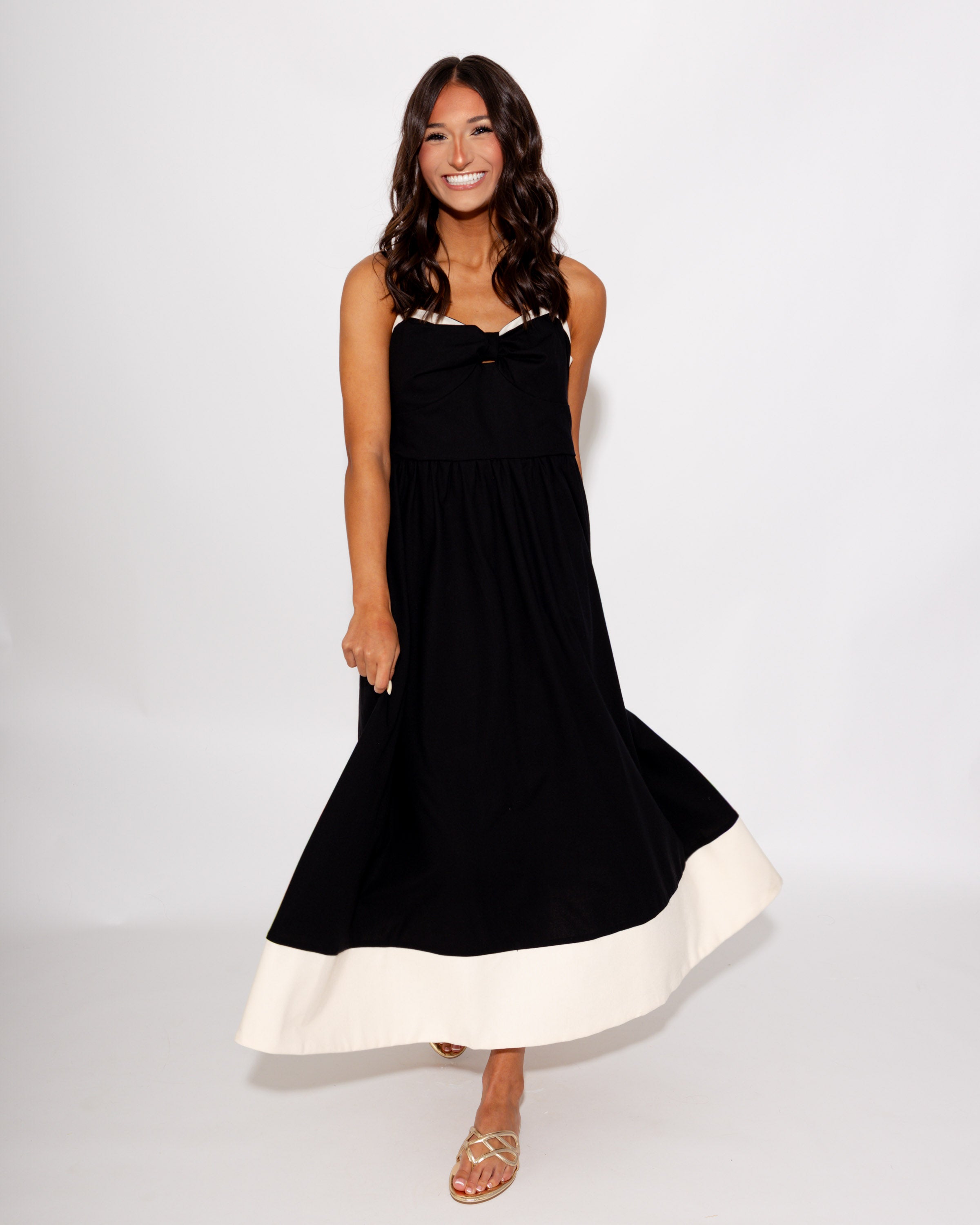 Bow Detail Contrast Trim Midi Dress