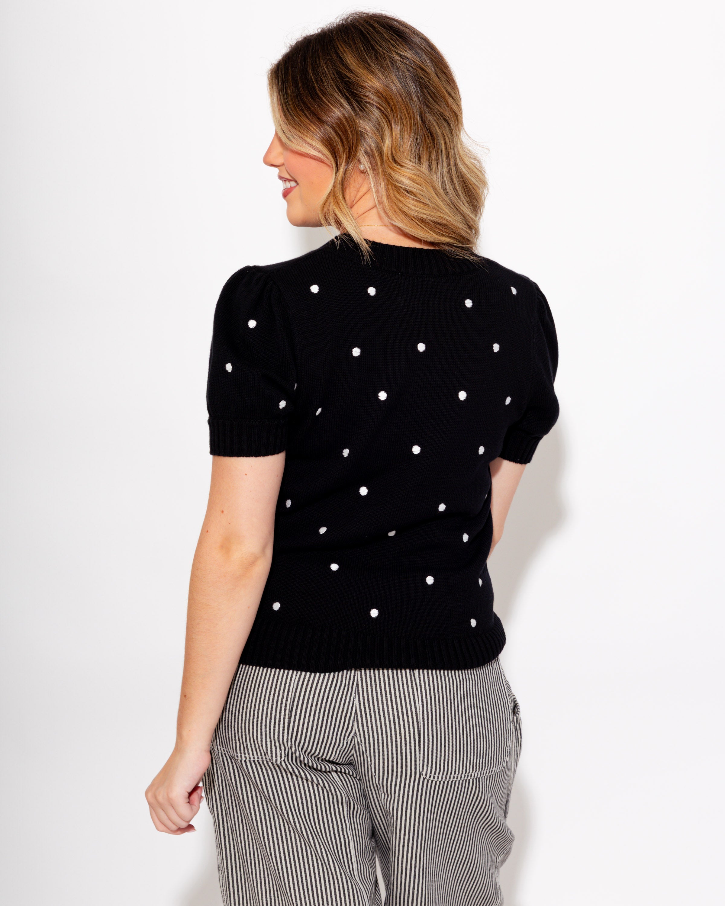Puff Sleeve Polka Dot Top in Black/Ivory