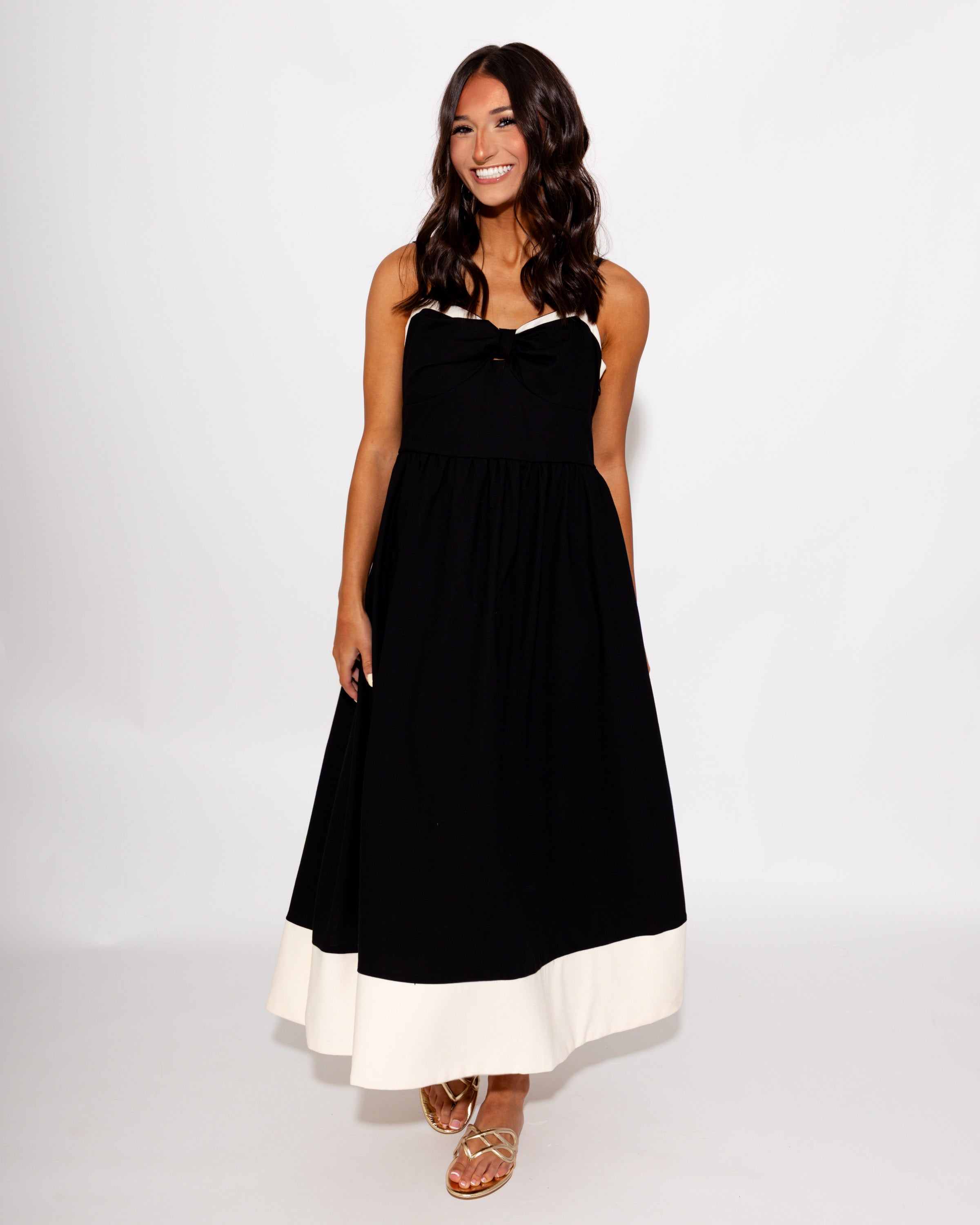 Bow Detail Contrast Trim Midi Dress