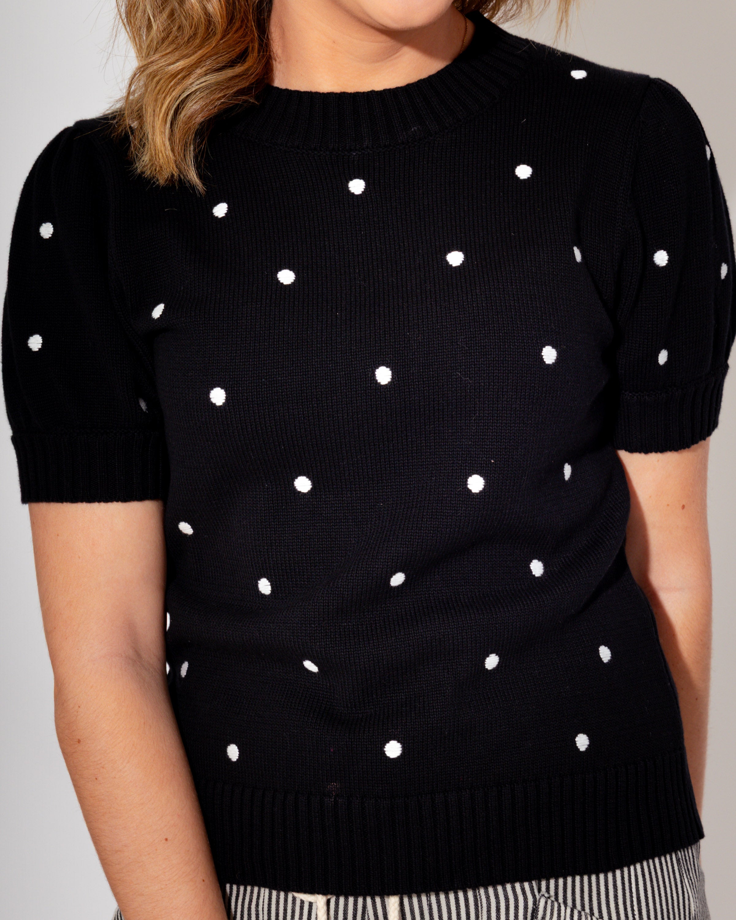 Puff Sleeve Polka Dot Top in Black/Ivory