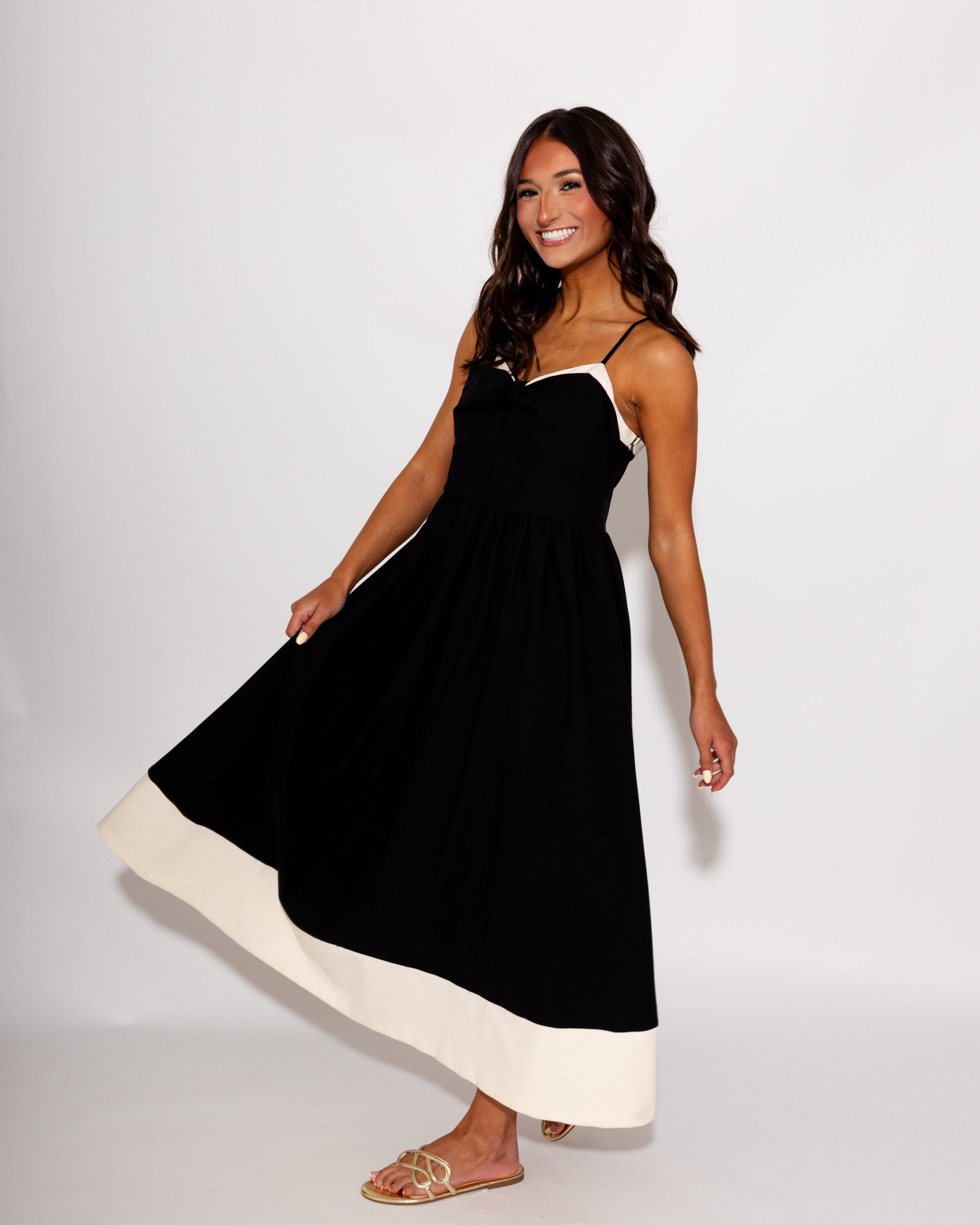 Bow Detail Contrast Trim Midi Dress
