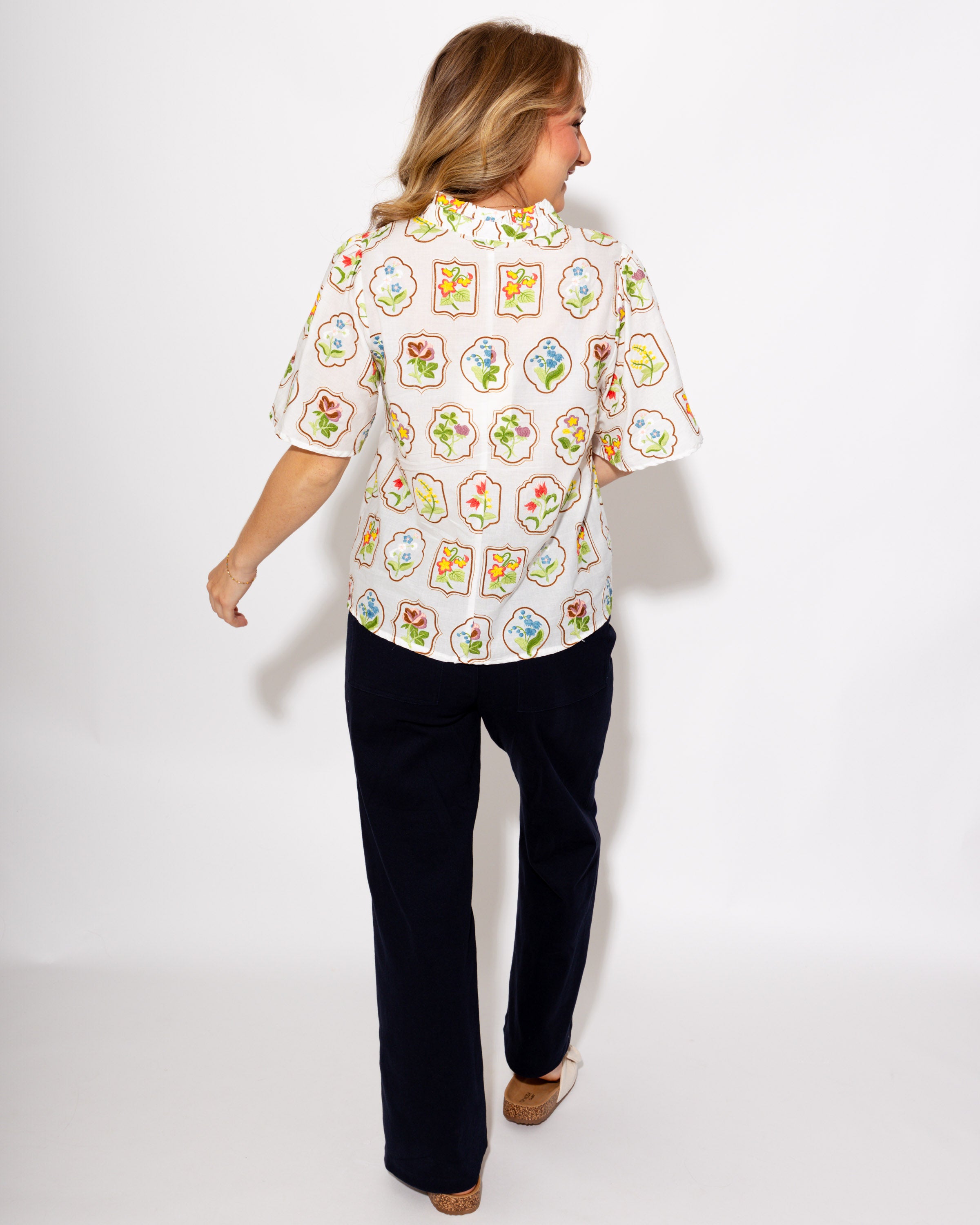 Split Neck Embroidered Floral Top