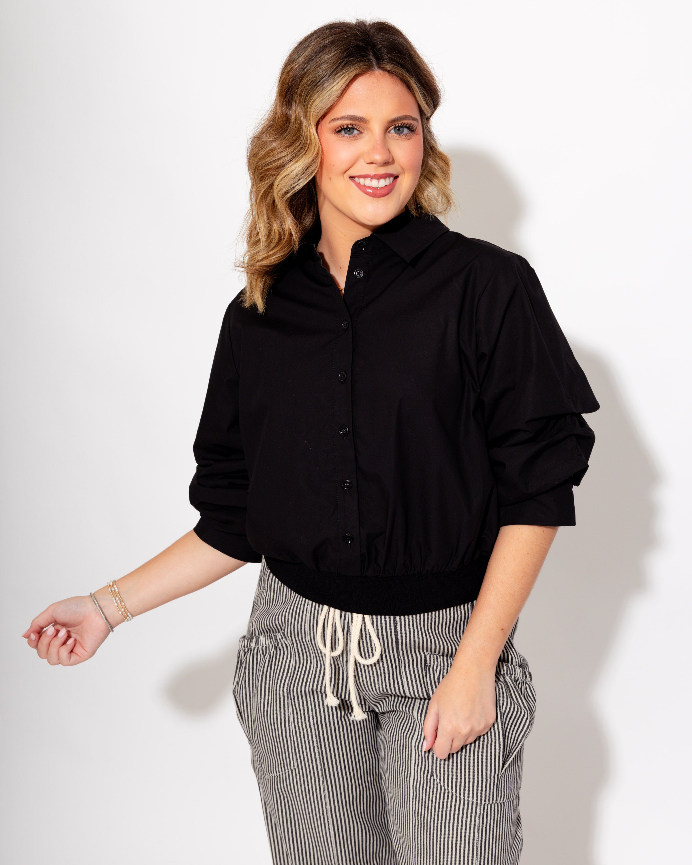 Chic Banded Hem Button Up in Black
