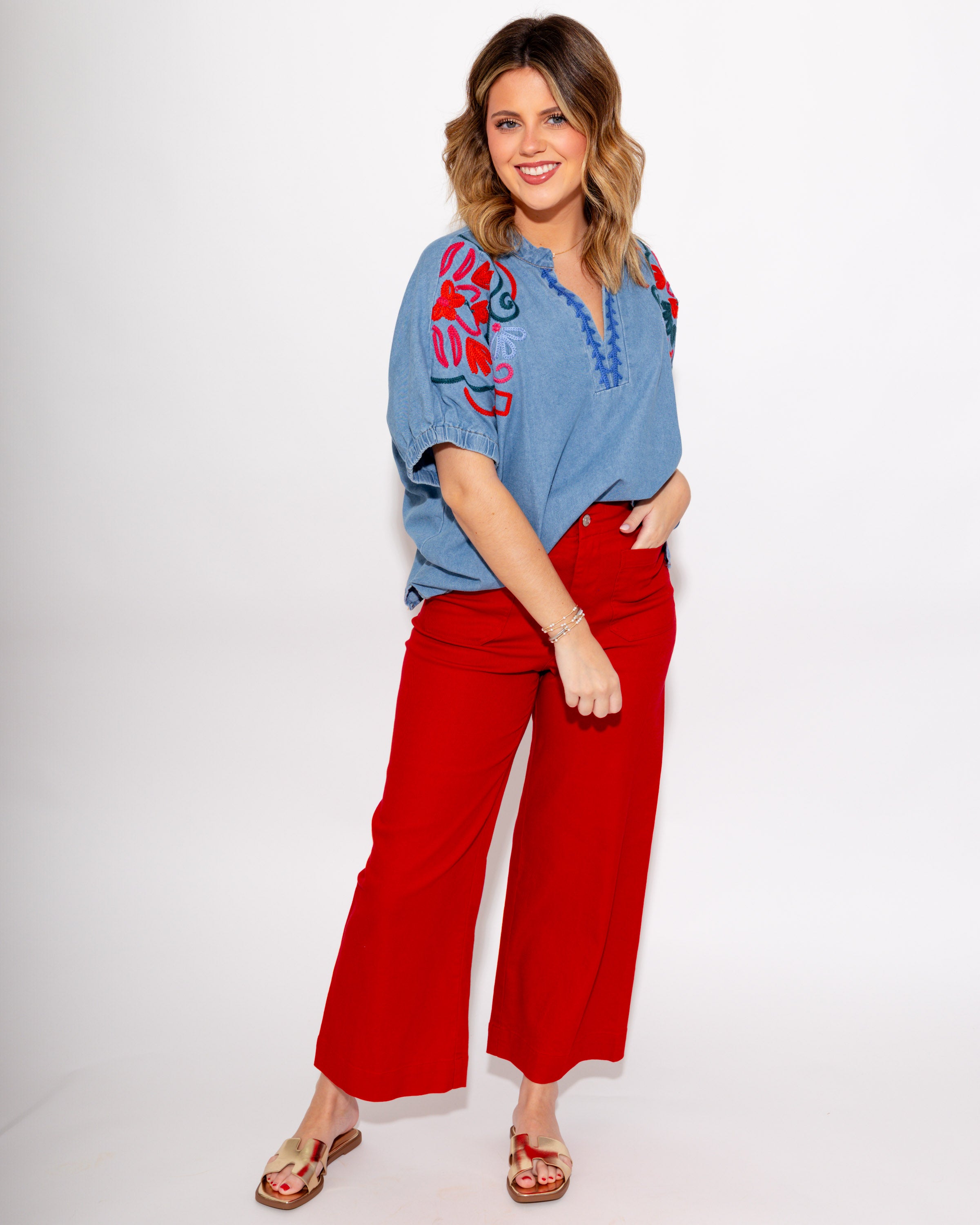 Embroidered Denim Puff Sleeve Top