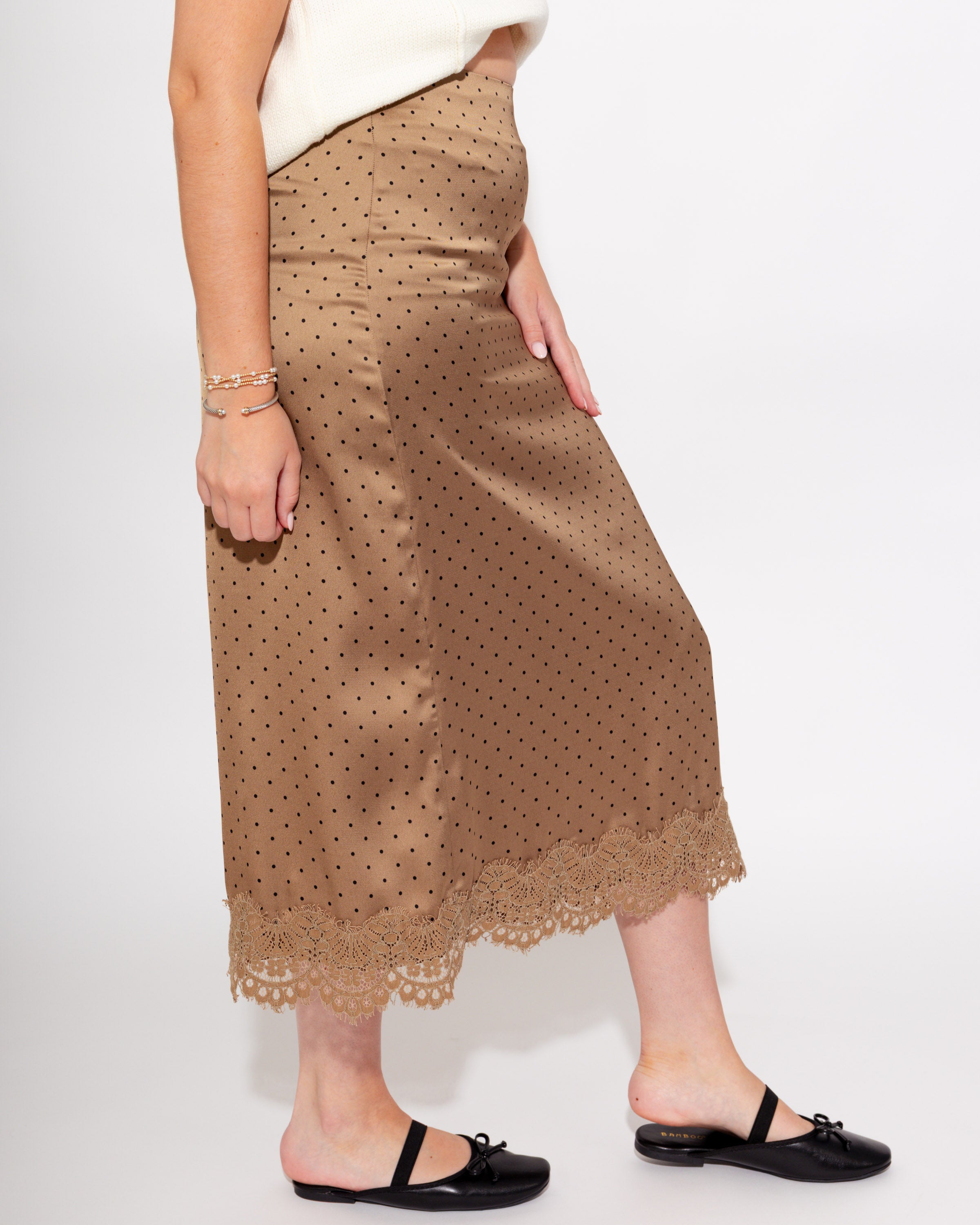 Tiny Dot Lace Trim Midi Skirt