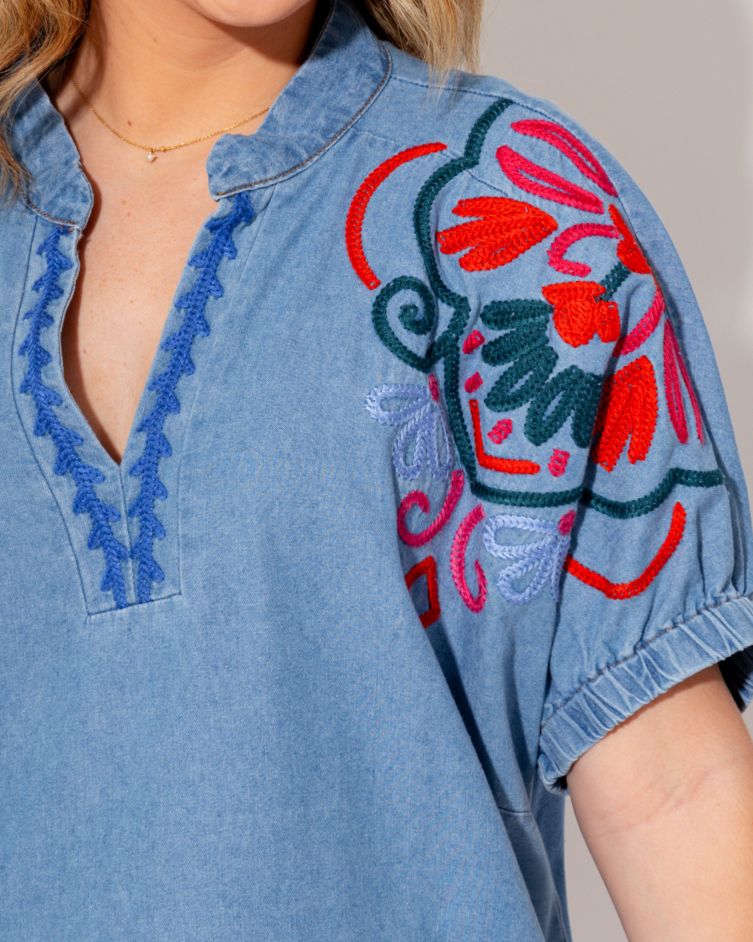 Embroidered Denim Puff Sleeve Top
