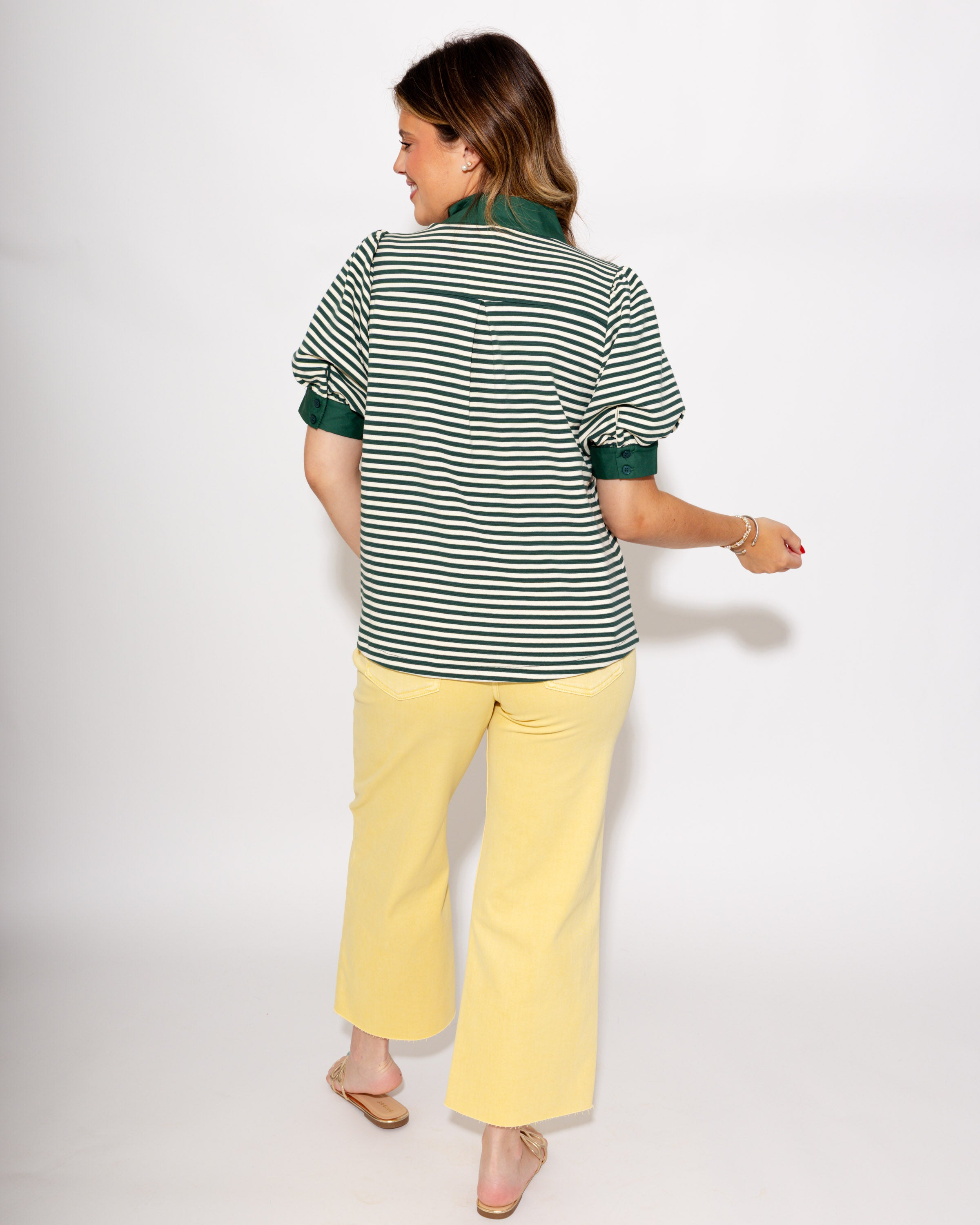 Stripe Contrast Puff Sleeve Top in Green