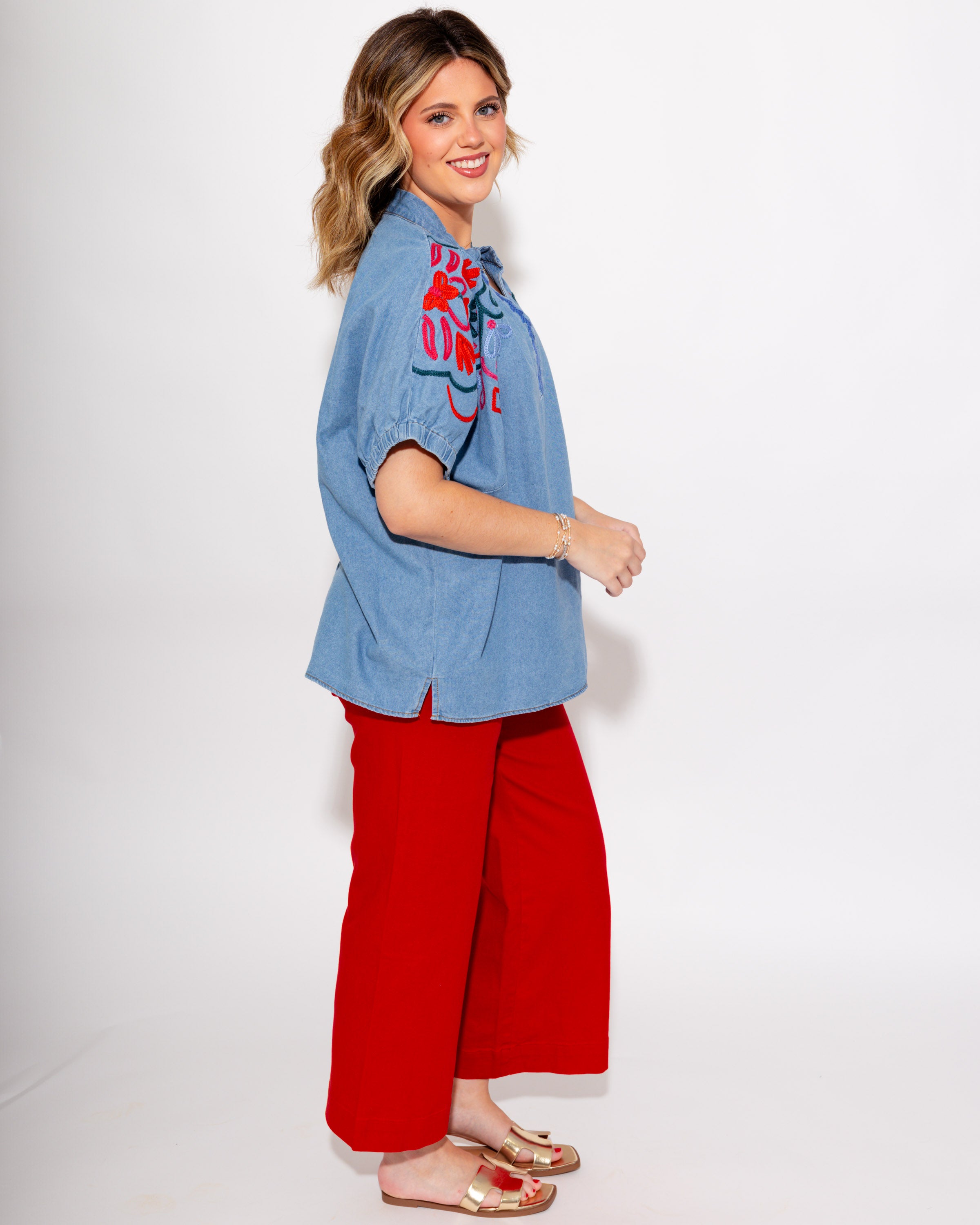 Embroidered Denim Puff Sleeve Top