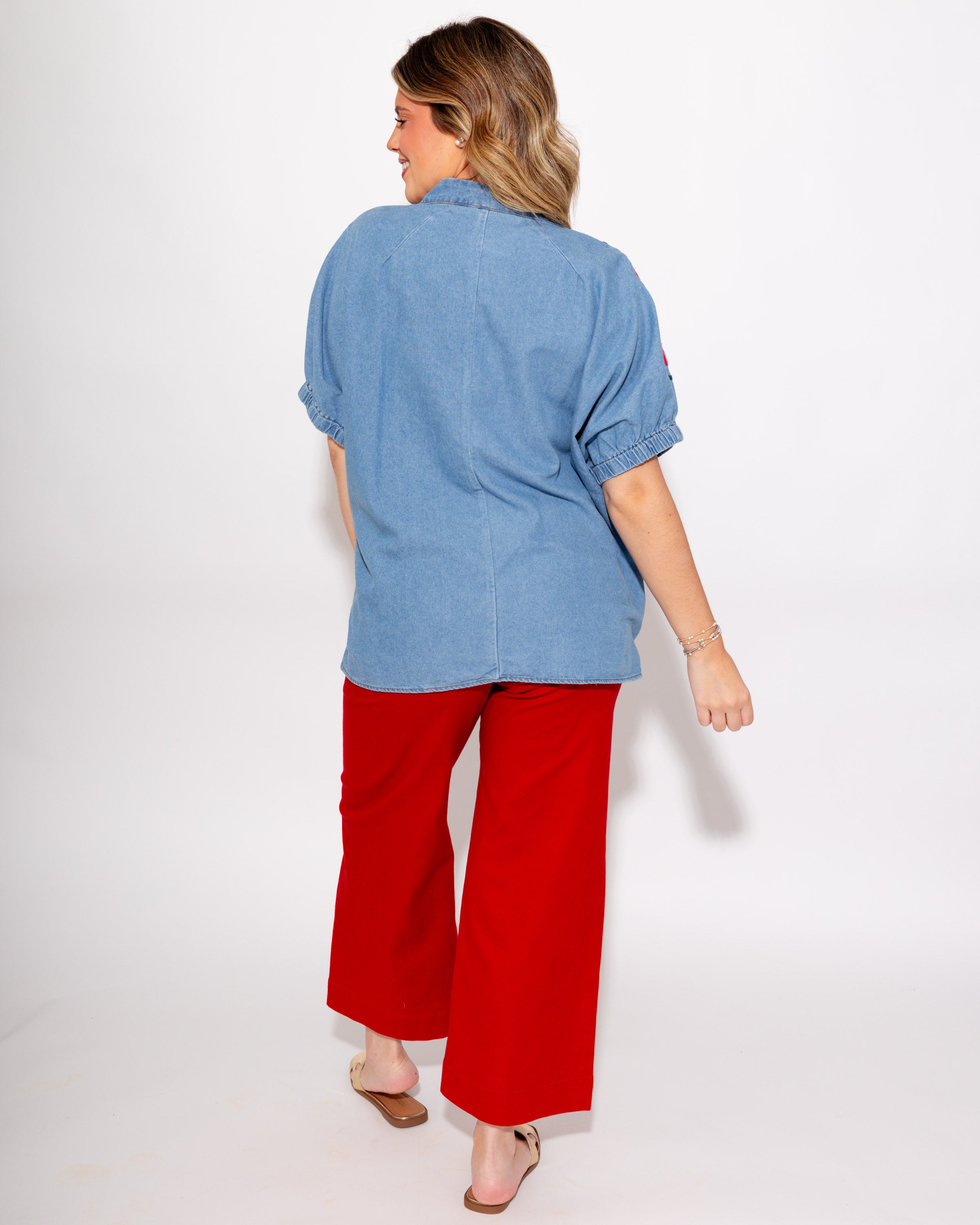 Embroidered Denim Puff Sleeve Top