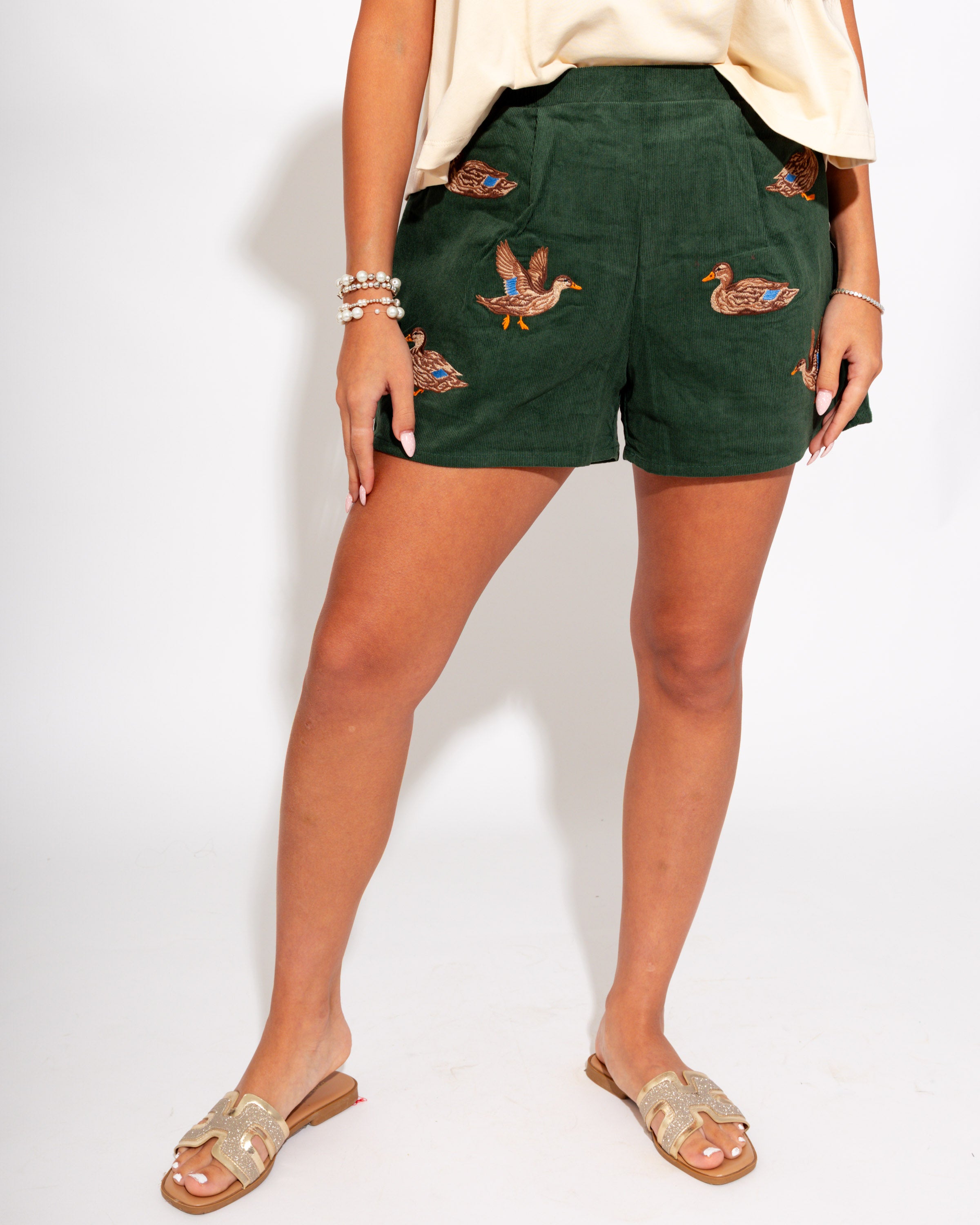 Mallard Duck Embroidery Corduroy Shorts