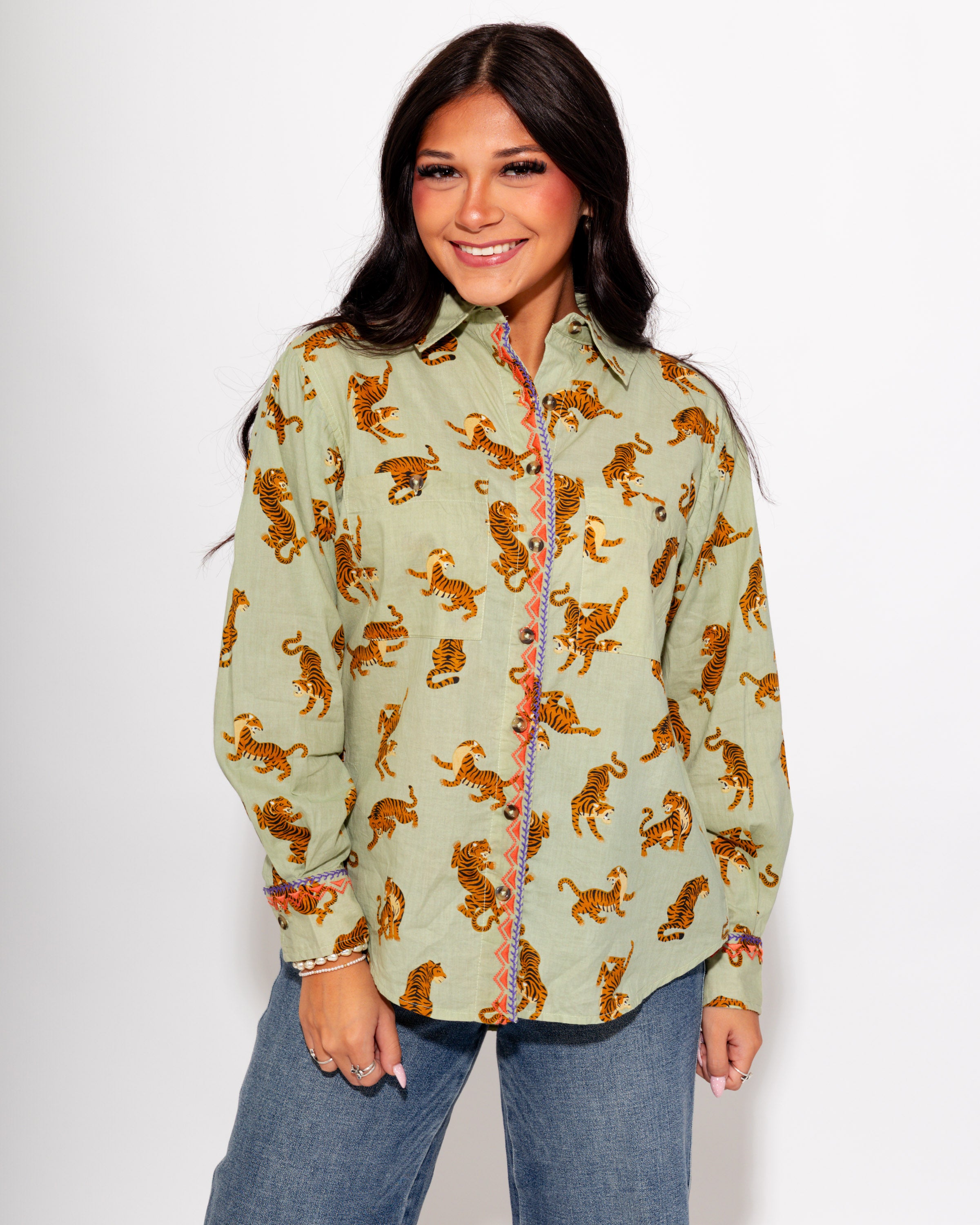 Ivy Jane I Tiger Embroidered Camp Shirt