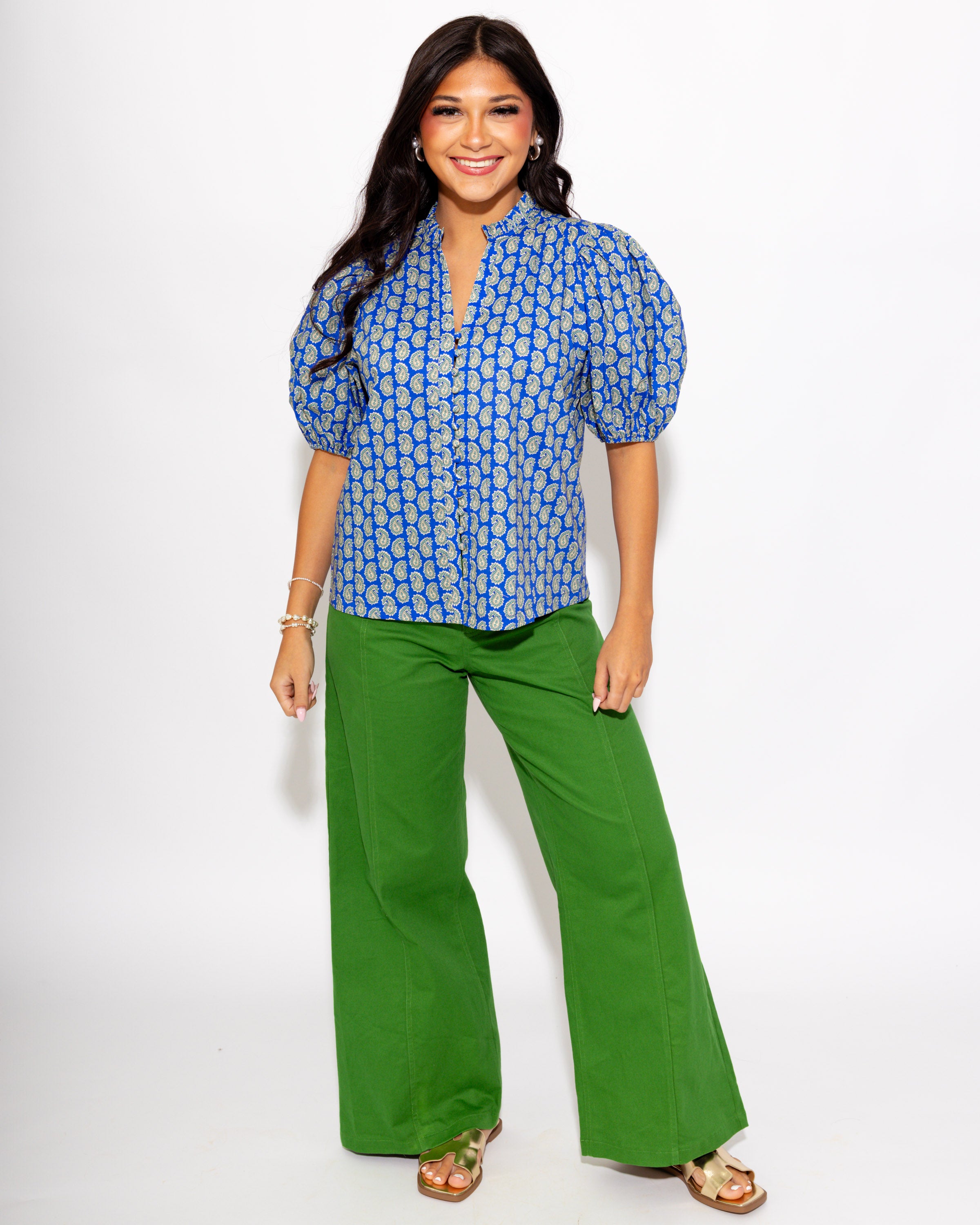 Paisley Puff Sleeve Top in Blue Sage