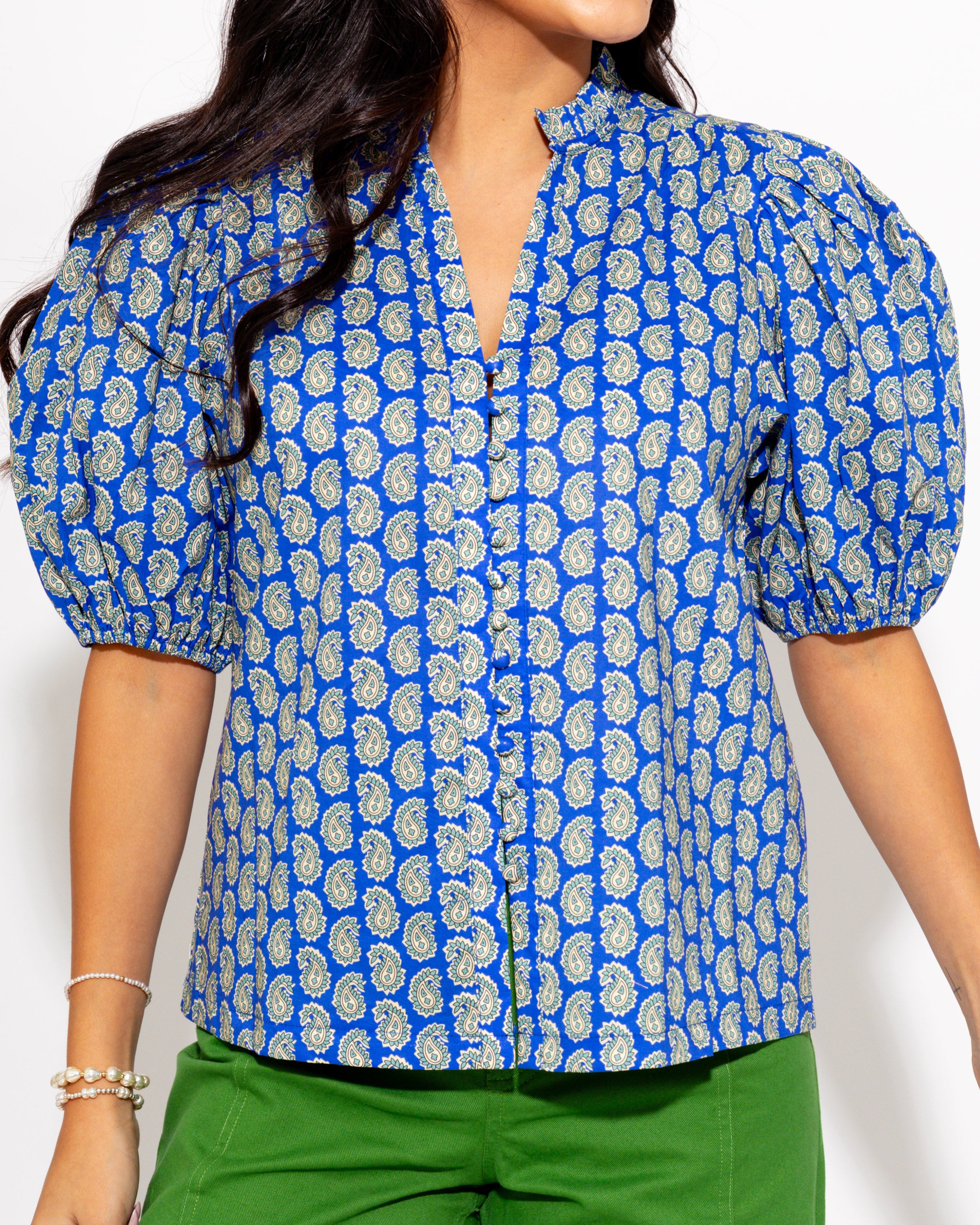 Paisley Puff Sleeve Top in Blue Sage