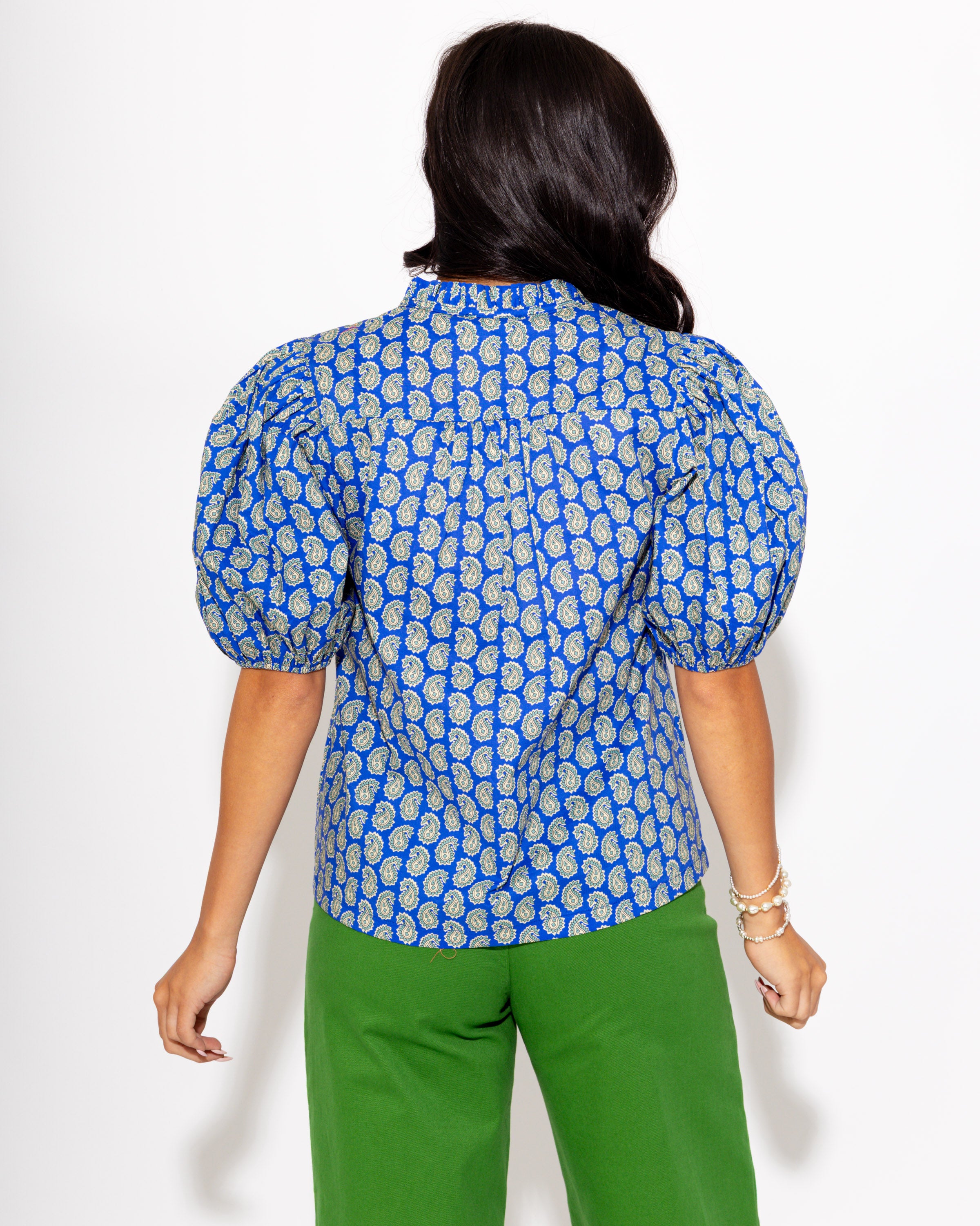 Paisley Puff Sleeve Top in Blue Sage