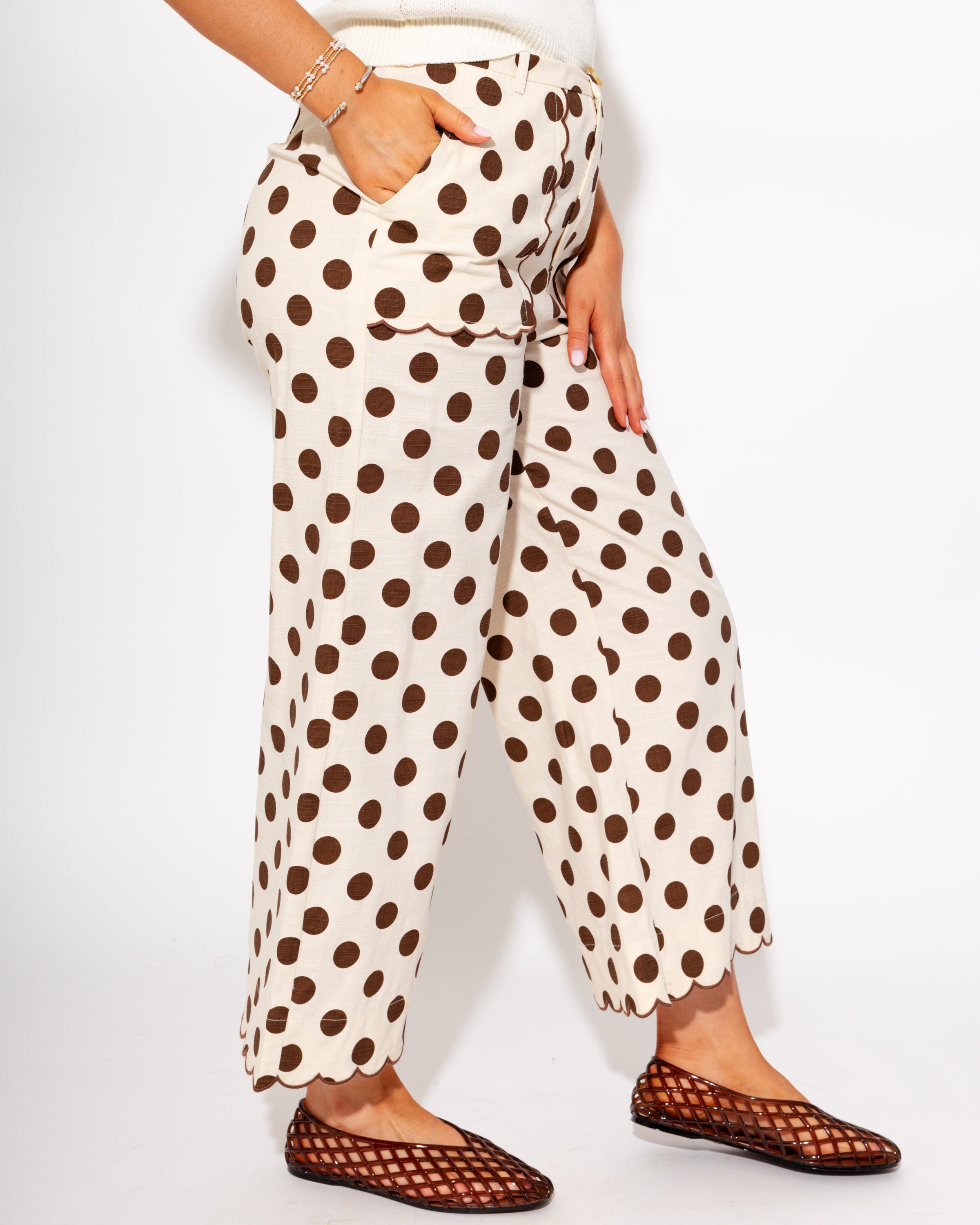 Embroidered Scallop Edge Polka Dot Pants in Mocha