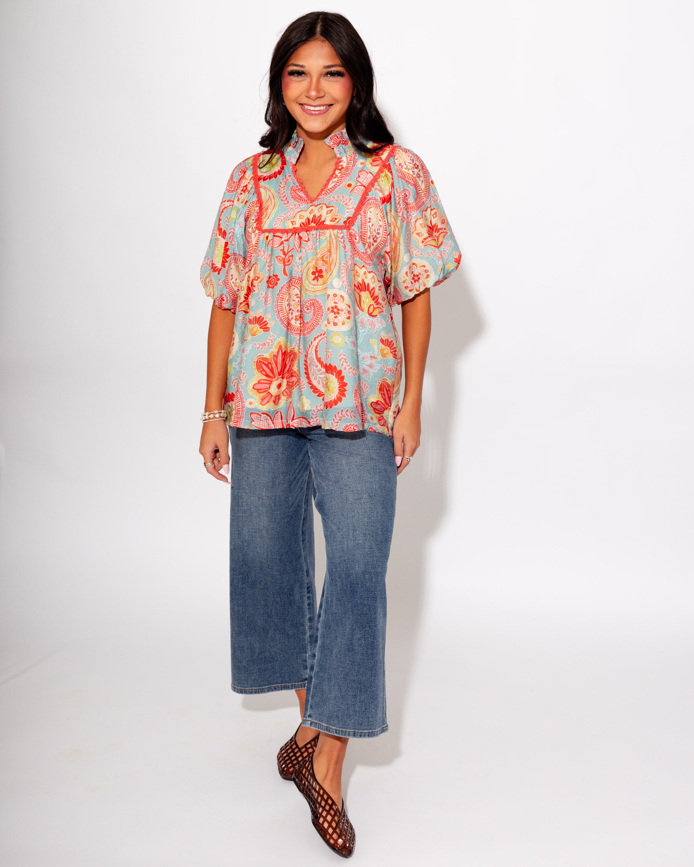 Paisley Print Puff Sleeve Top