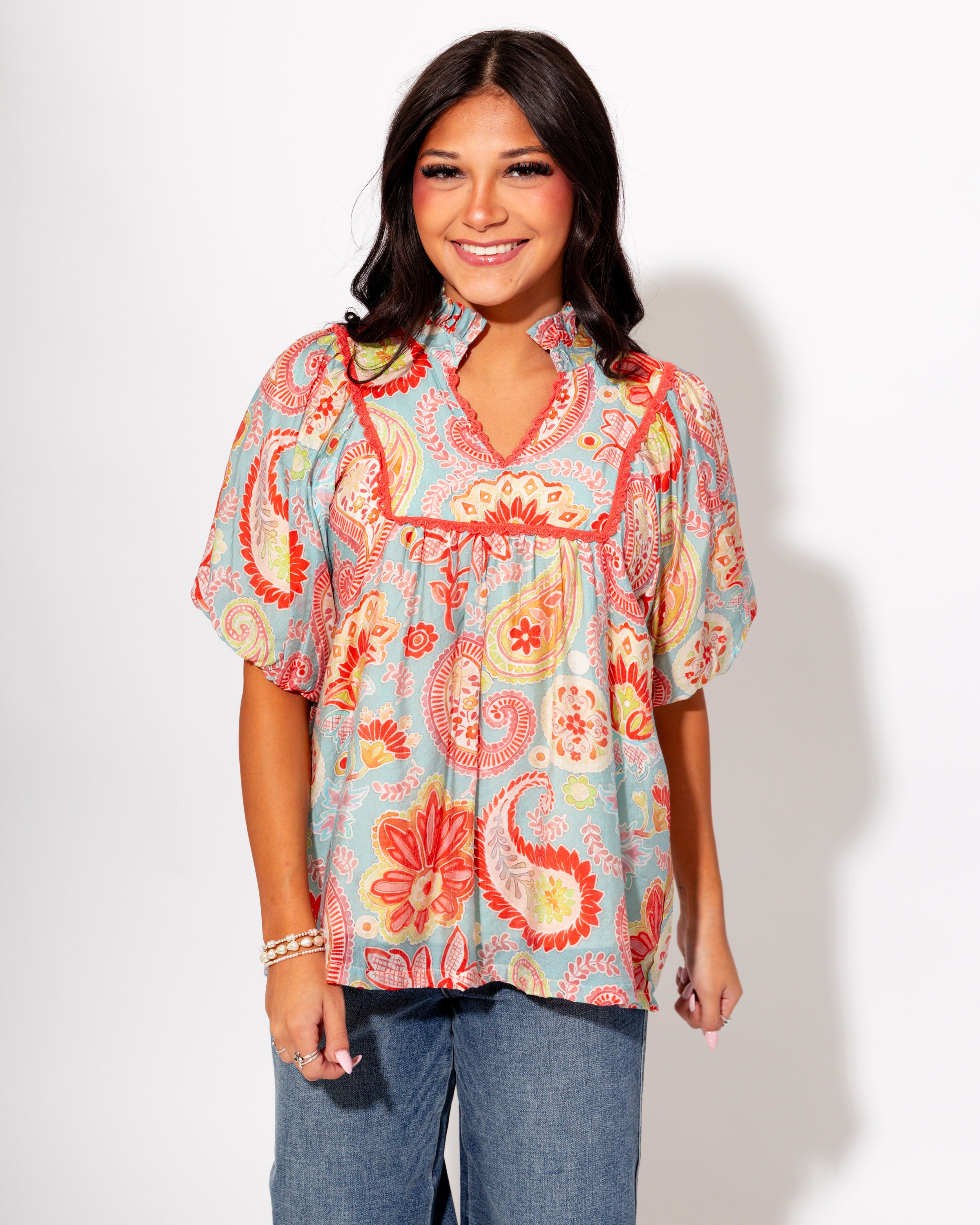 Paisley Print Puff Sleeve Top
