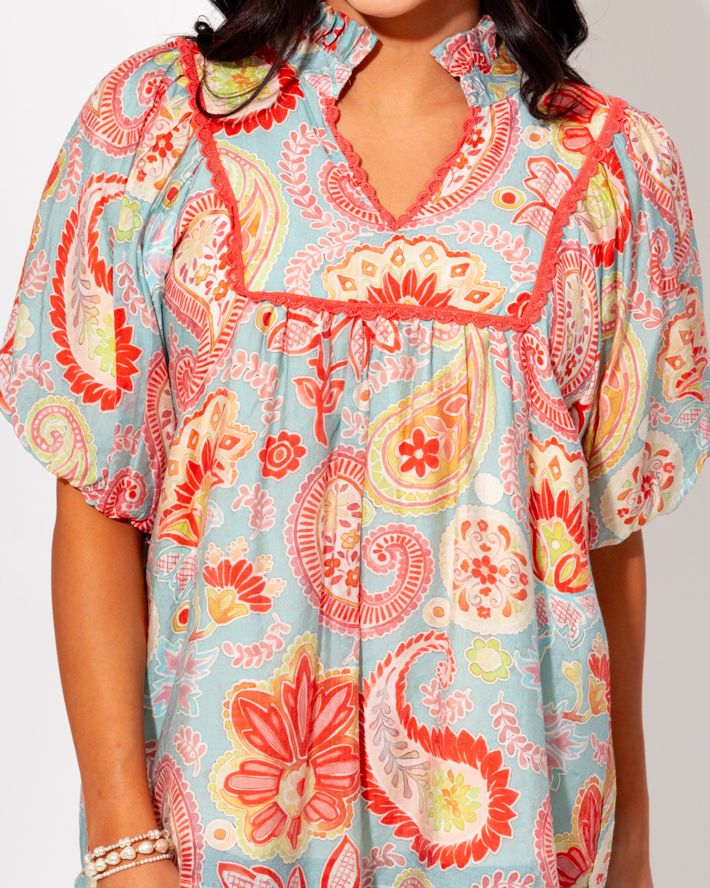 Paisley Print Puff Sleeve Top