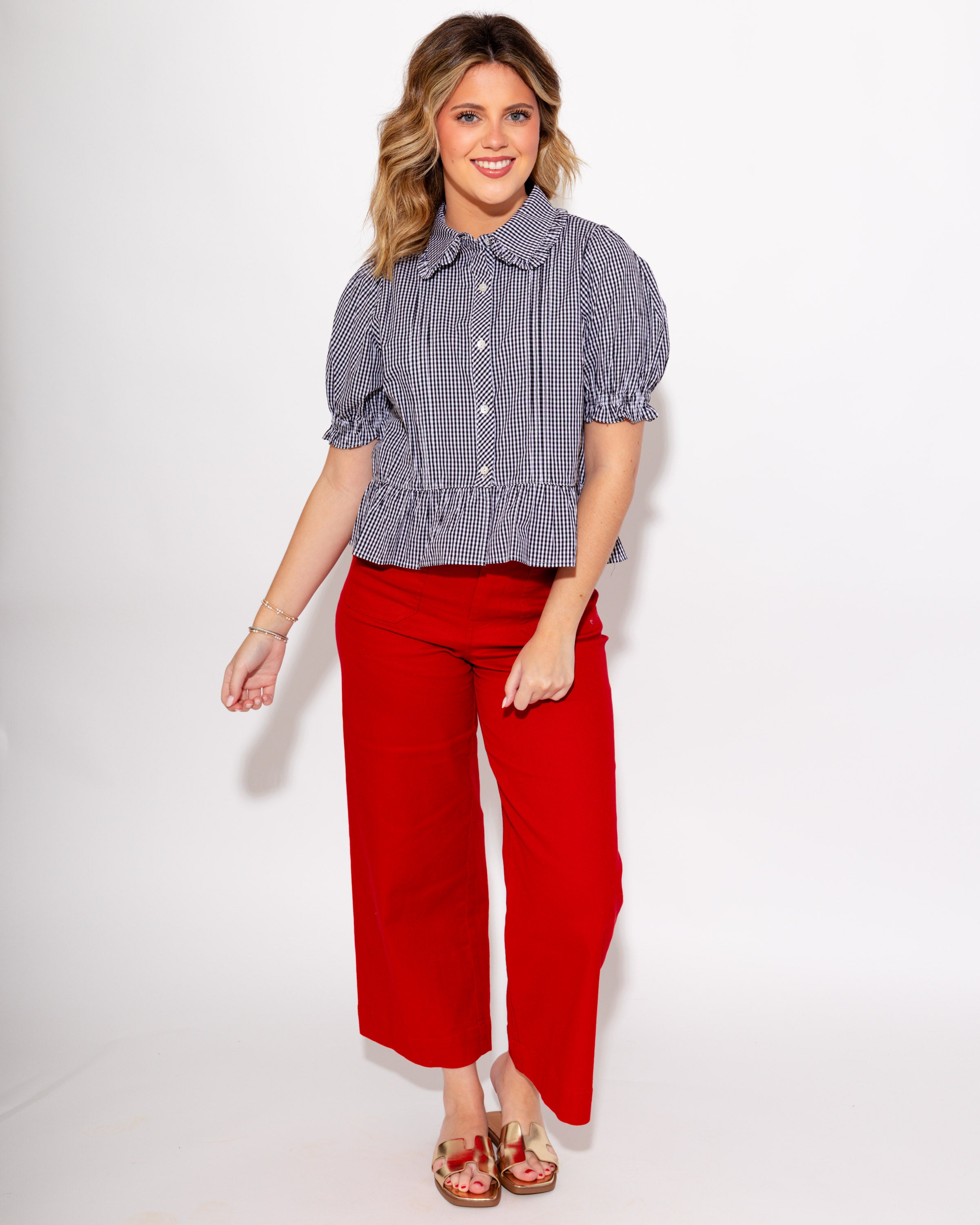 Gingham Puff Sleeve Peplum Top