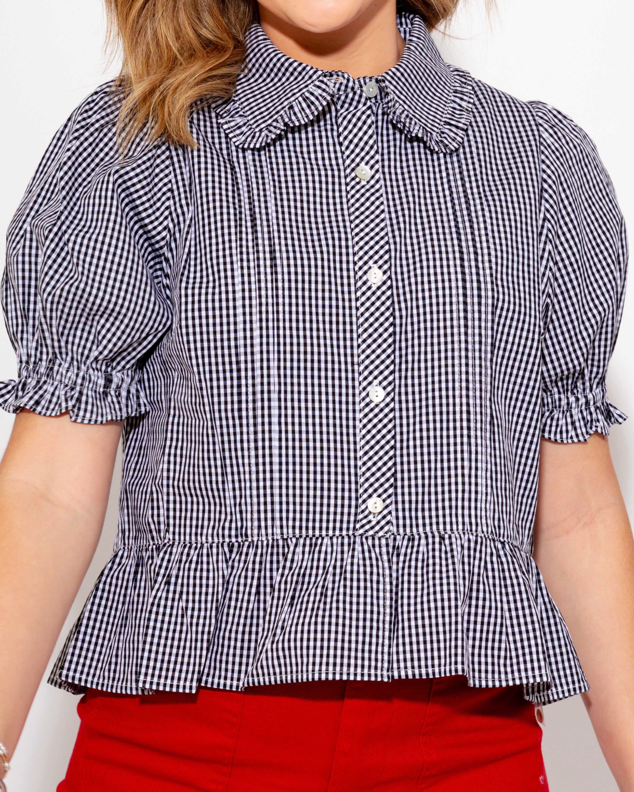 Gingham Puff Sleeve Peplum Top