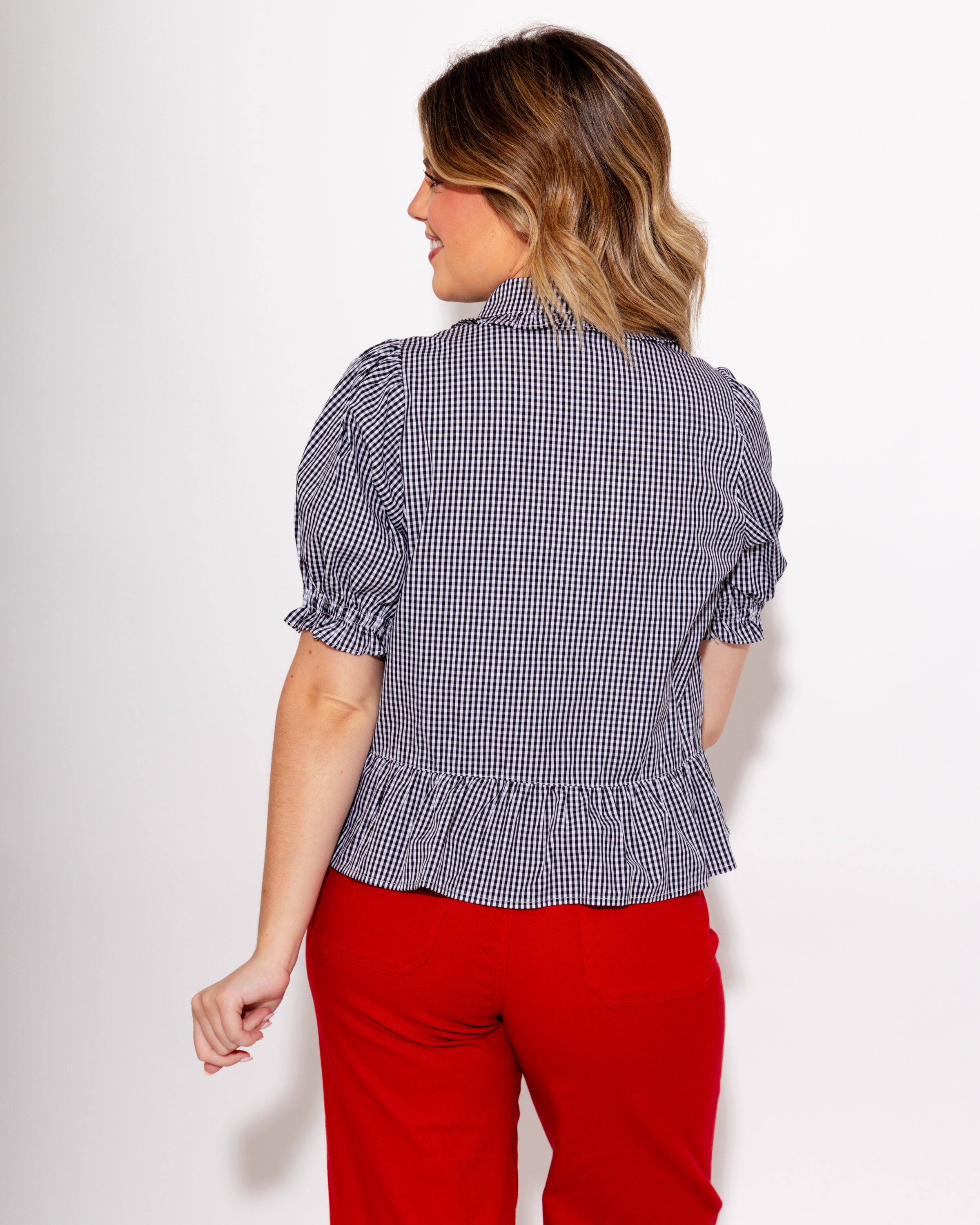 Gingham Puff Sleeve Peplum Top