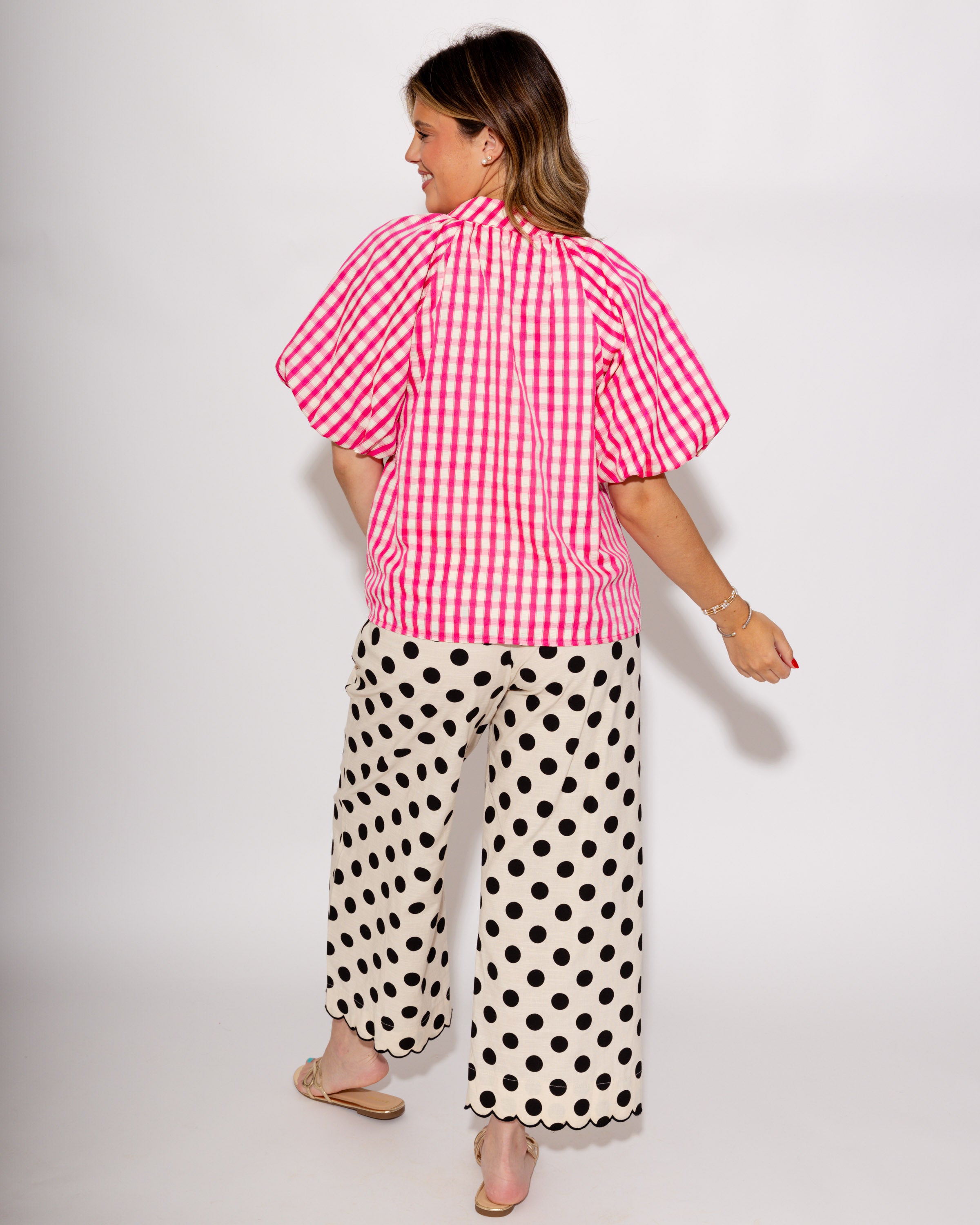 Pink Gingham Bow Tie Puff Top