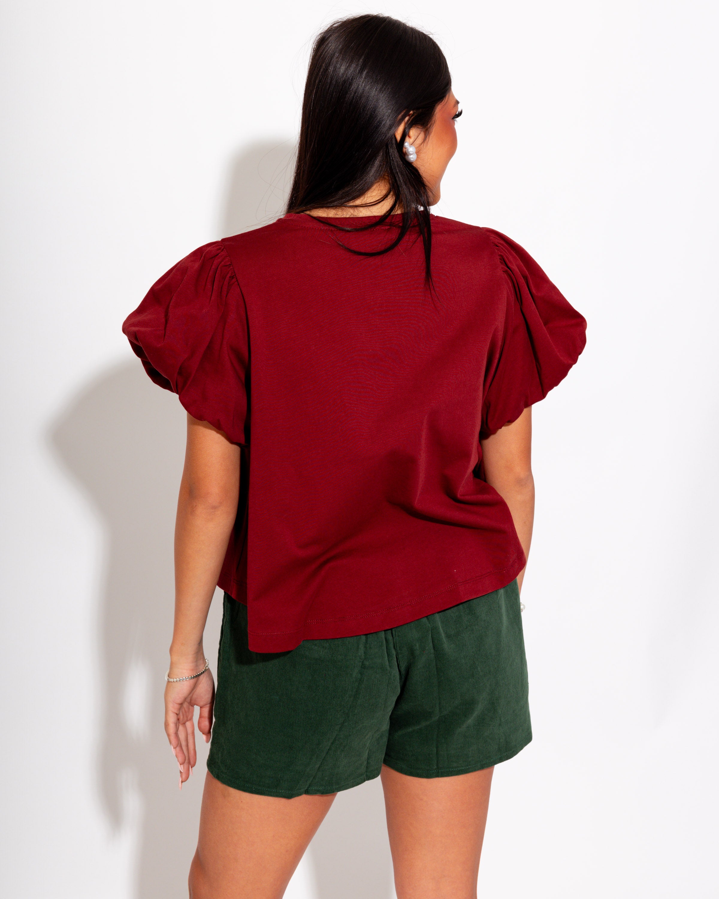 Cropped Puff Sleeve Top in Brick