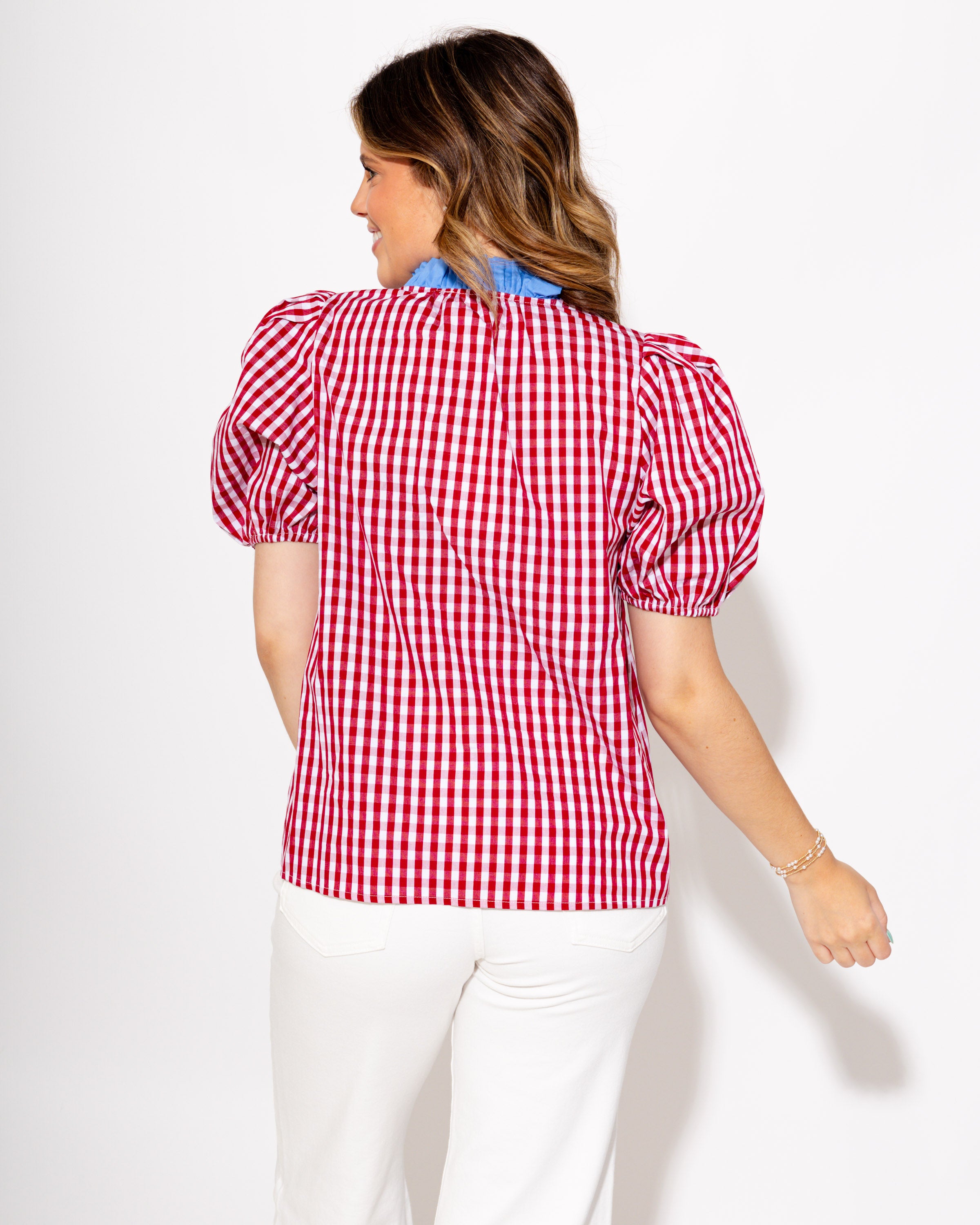 Gingham Puff Sleeve Contrast Top in Red