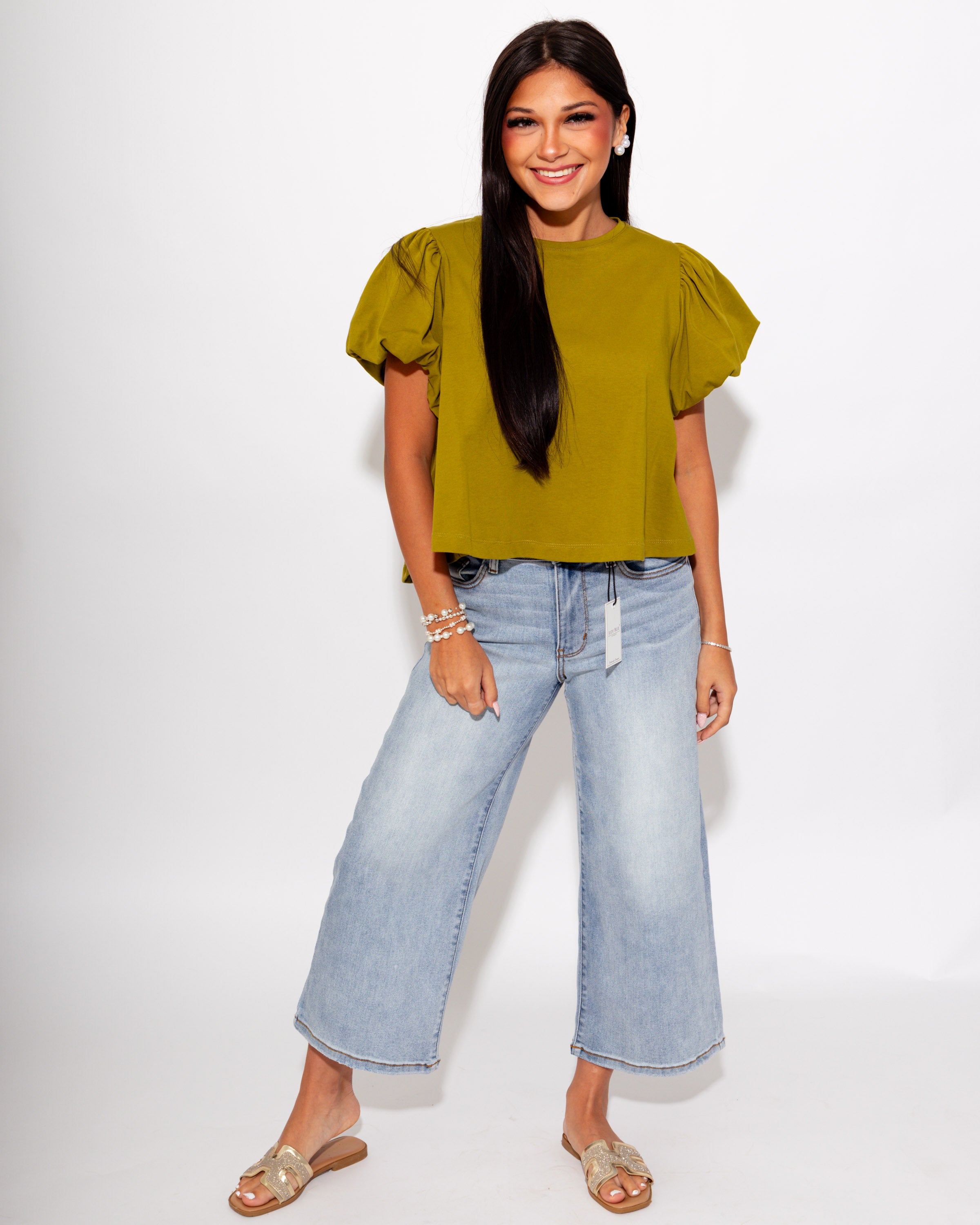 Cropped Puff Sleeve Top in Olive