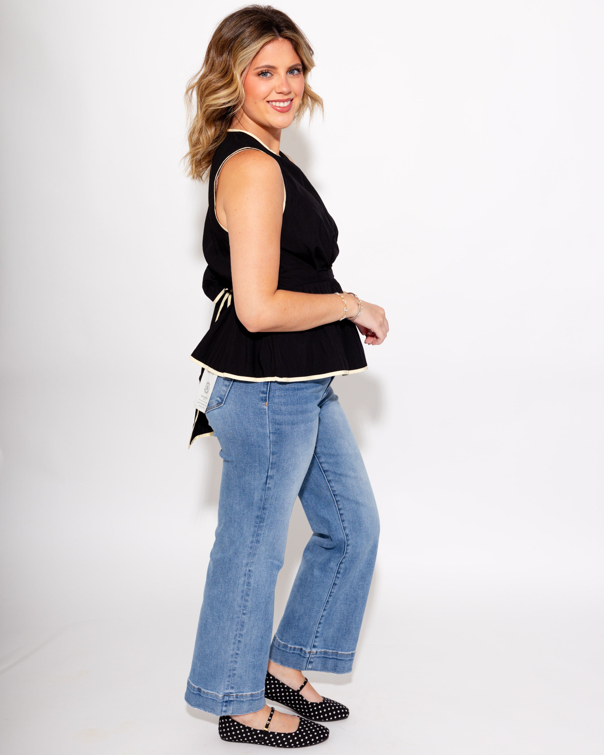 Contrast Trim Tie Waist Peplum Top