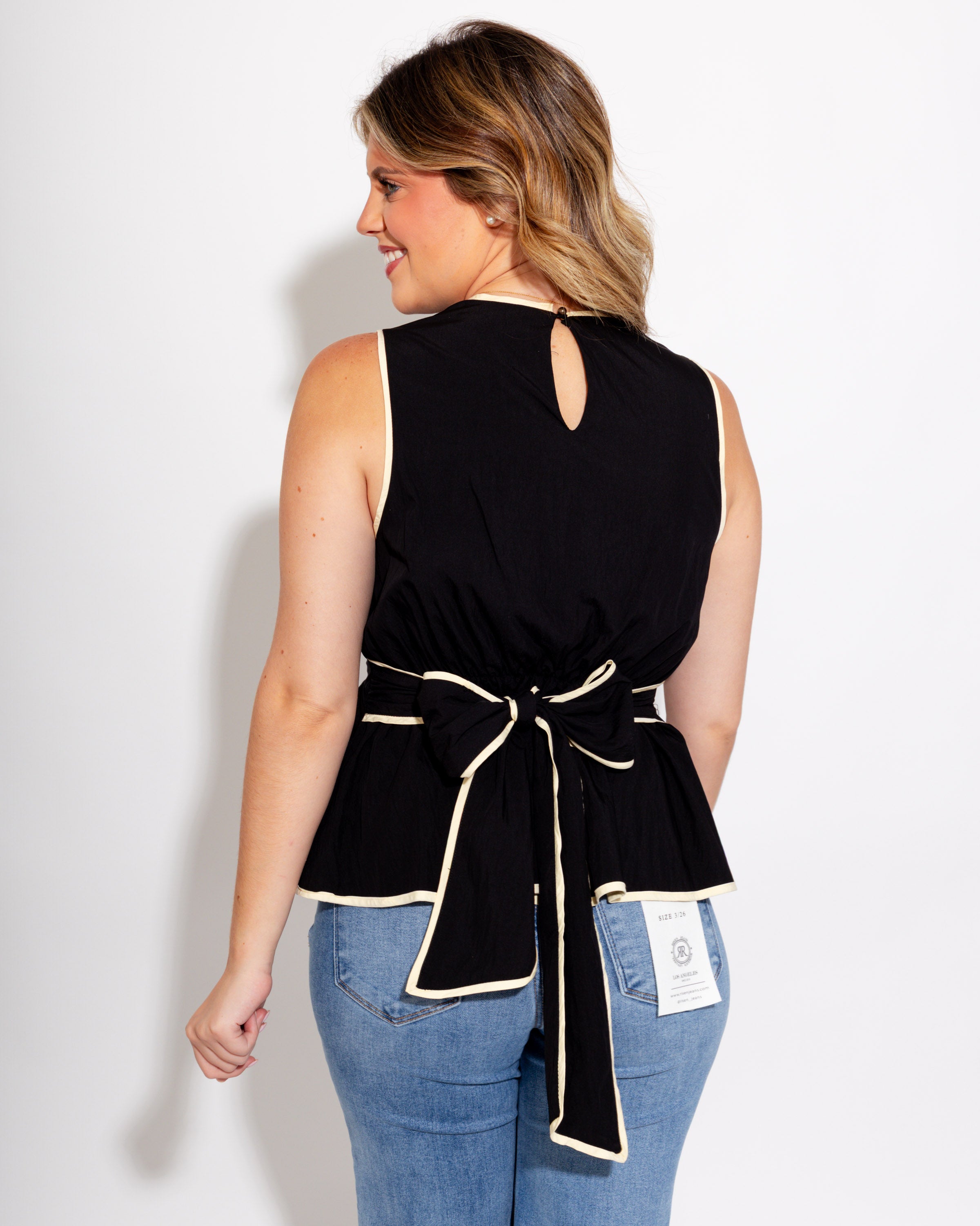 Contrast Trim Tie Waist Peplum Top