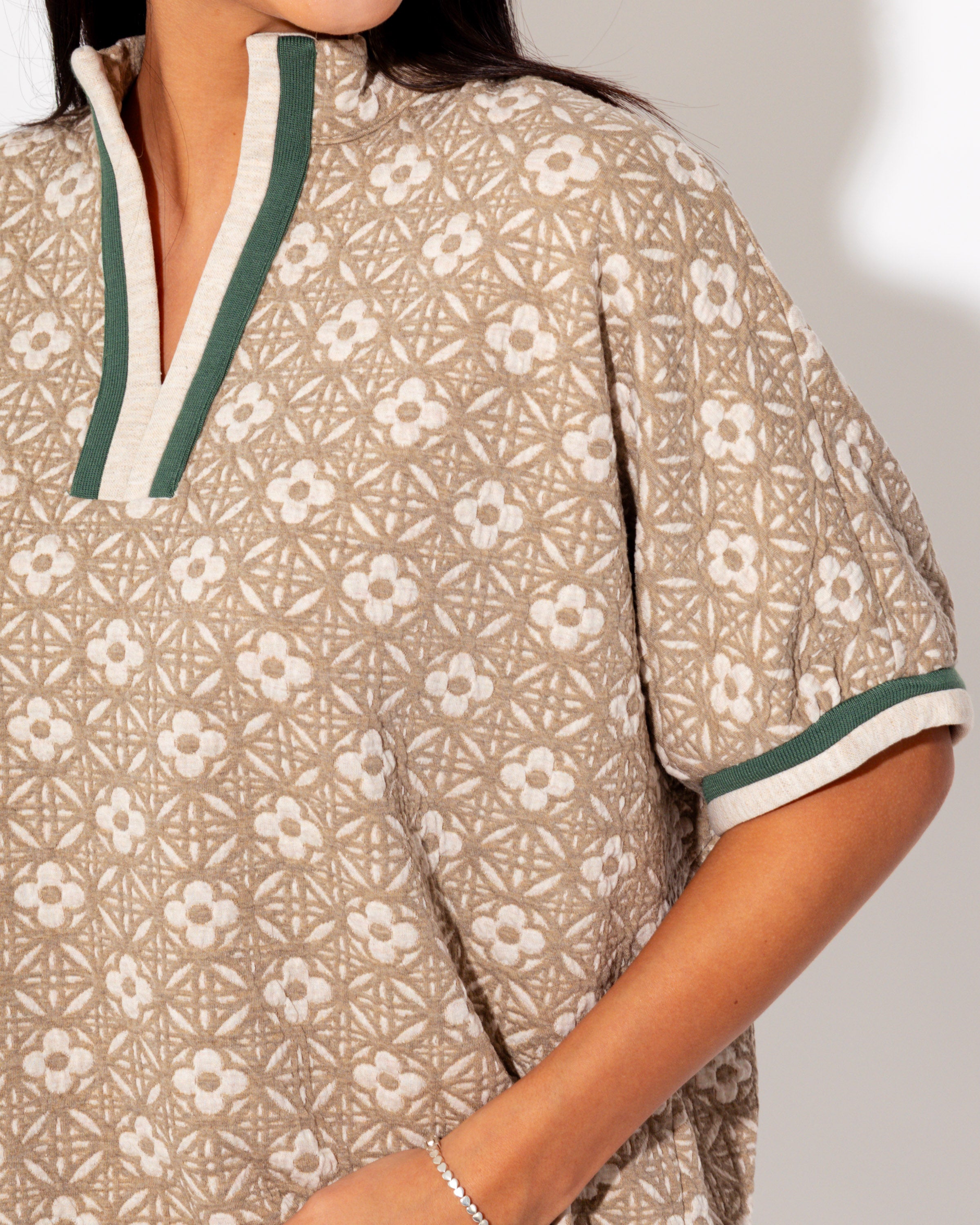Jacquard Floral Contrast Trim Top