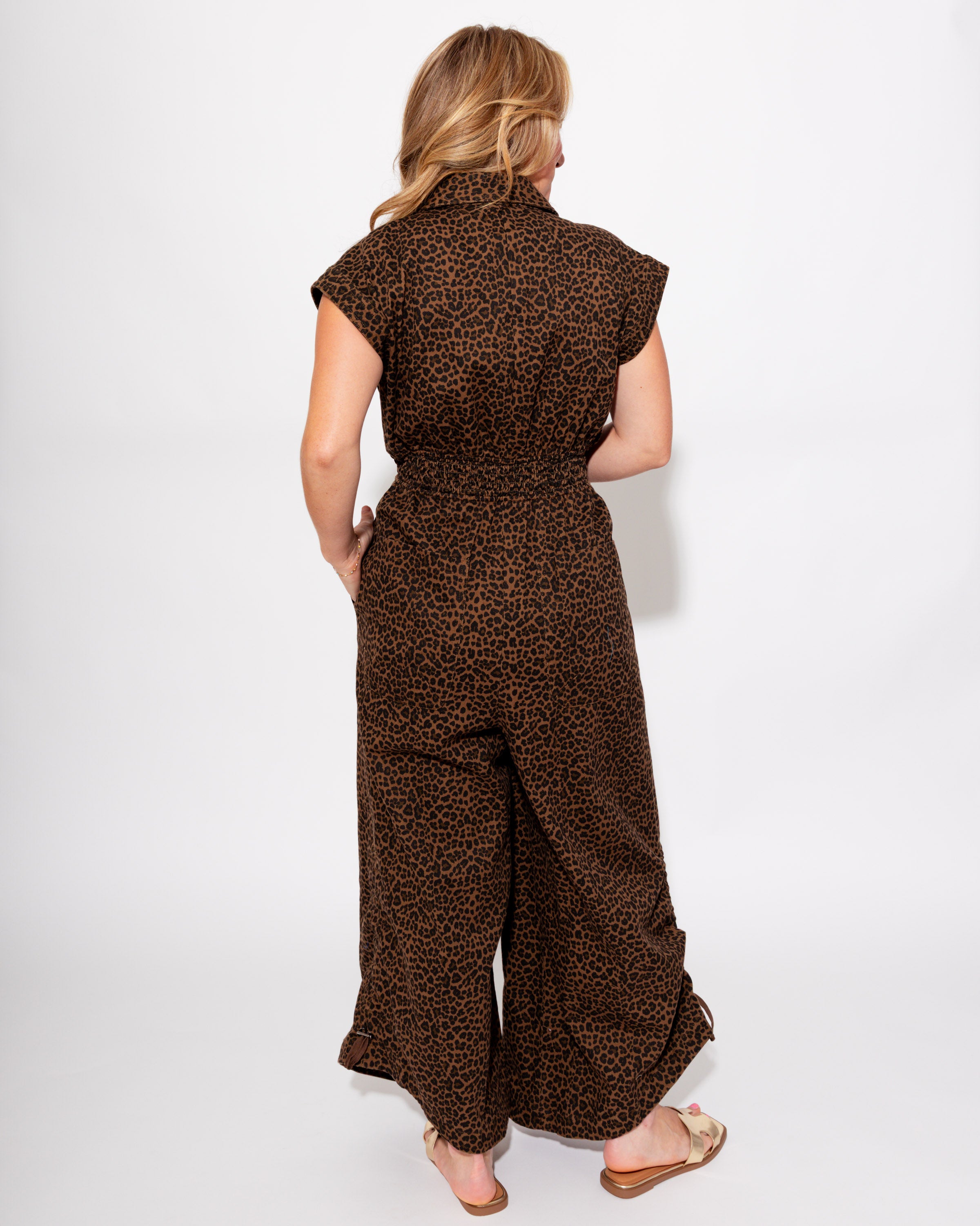 Pleated Leopard Drawstring Jumpsuit