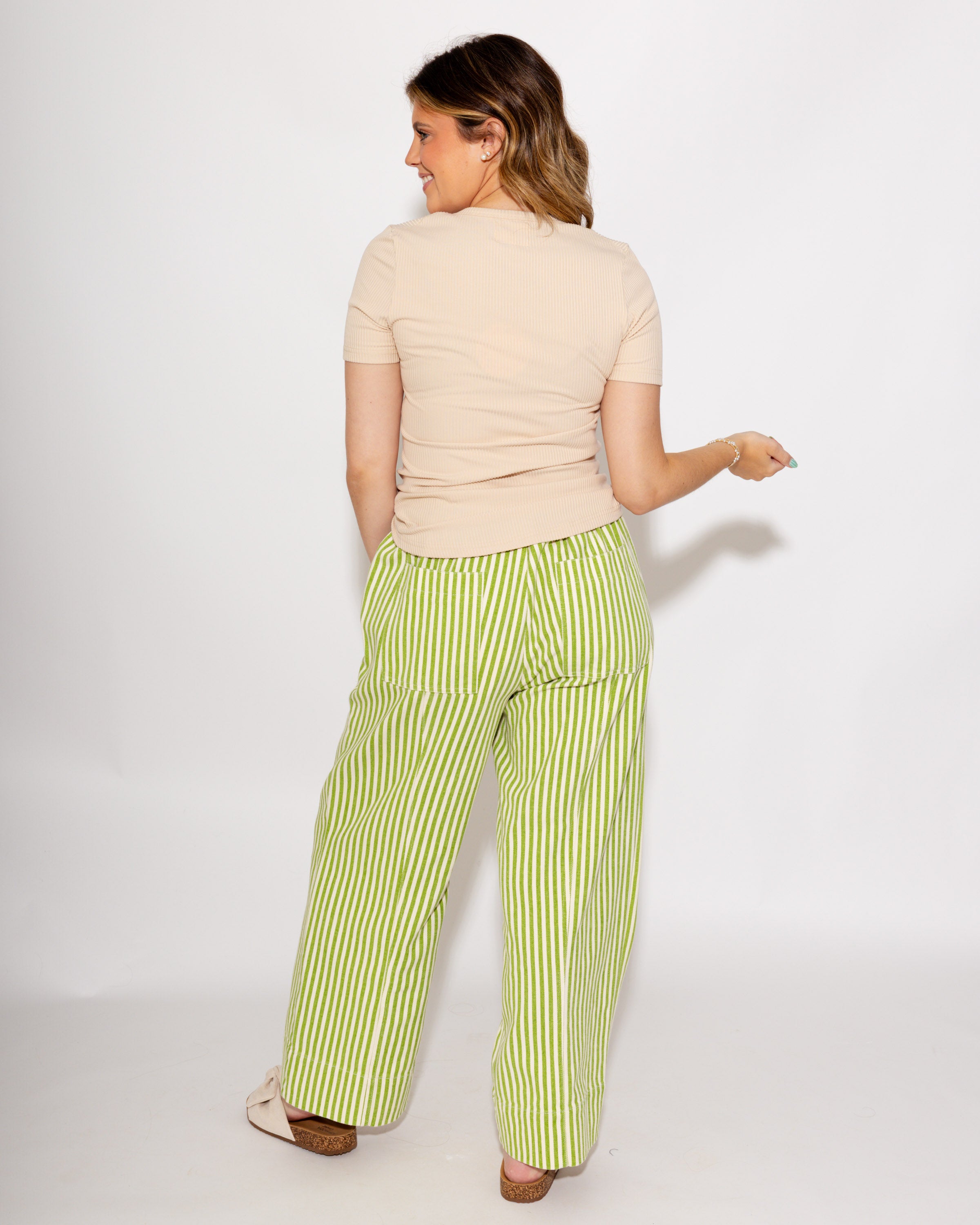 Summer Stripe Drawstring Pants in Sage/Natural